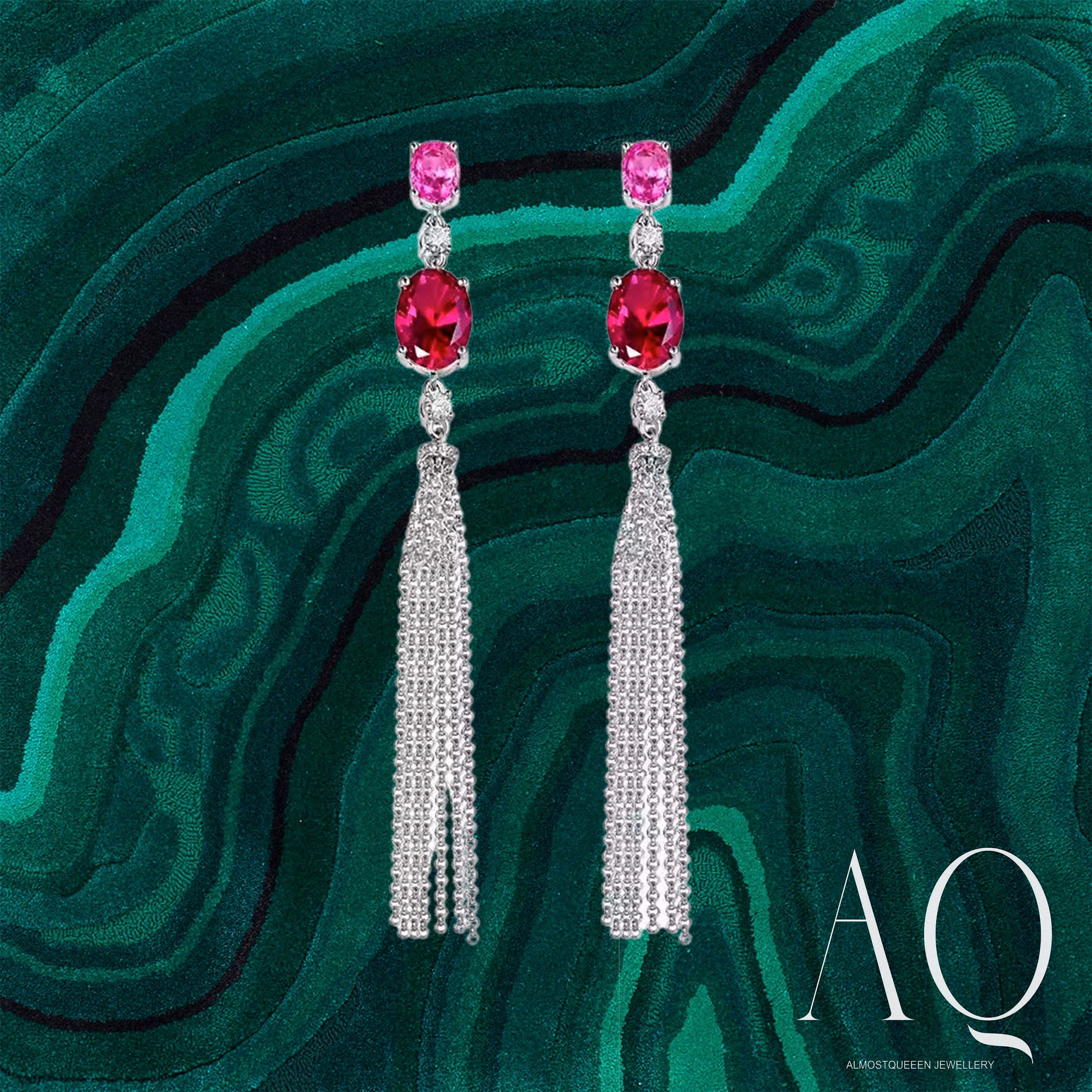 Long Ruby Statement Earrings with Chain Brushes.