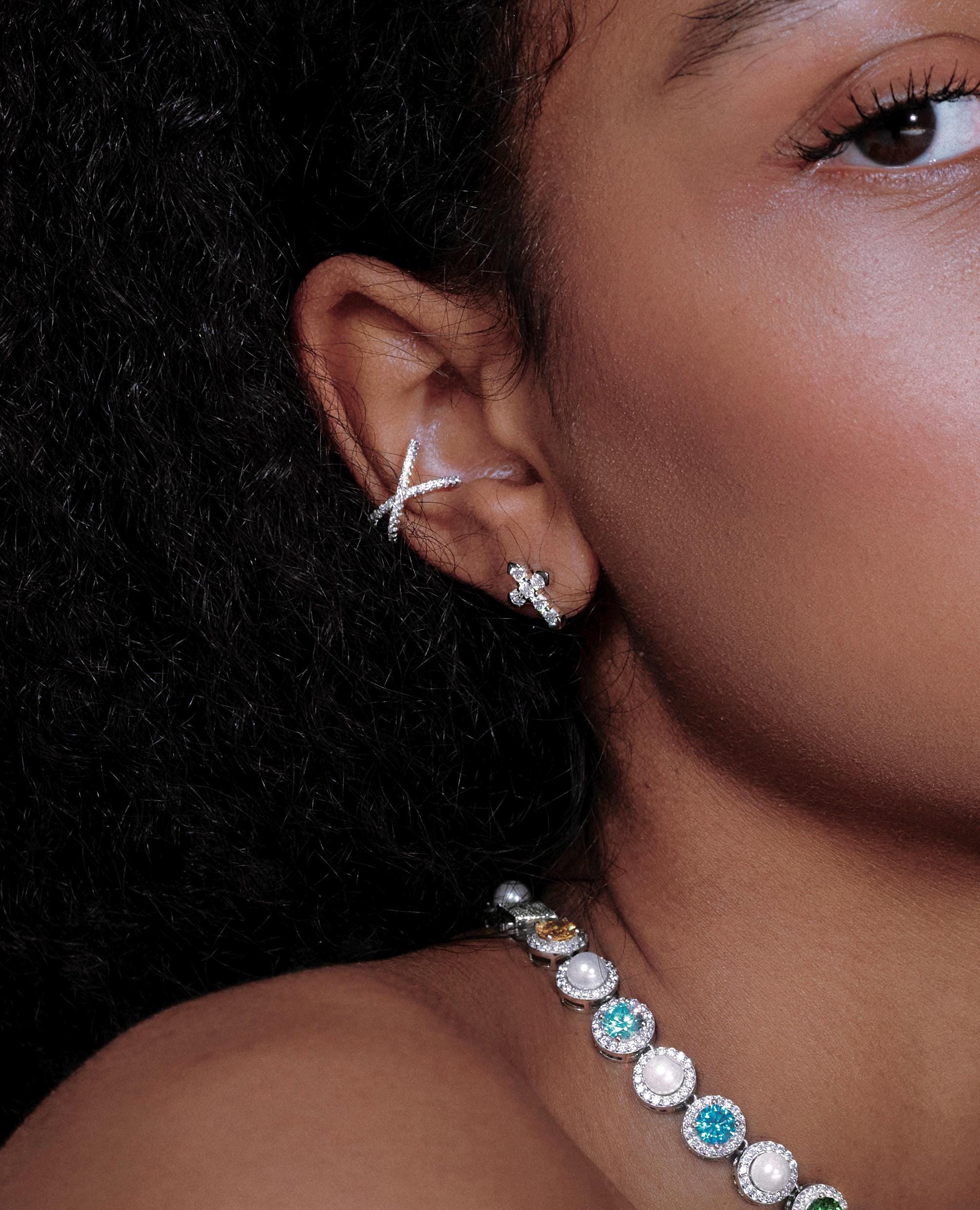 Moissanite Cross Earrings. Rhodium-plated Sterling Silver 925.