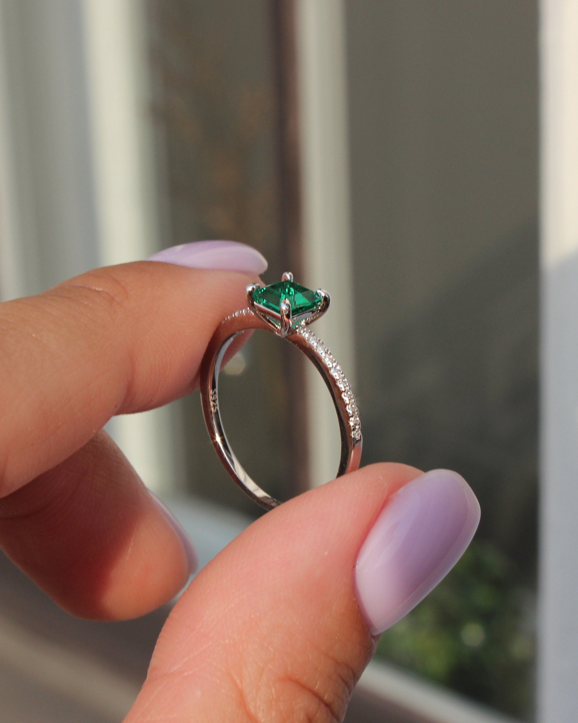 Emerald Square Ring Set. Rhodium-plated Sterling Silver + High Carbon Diamonds.