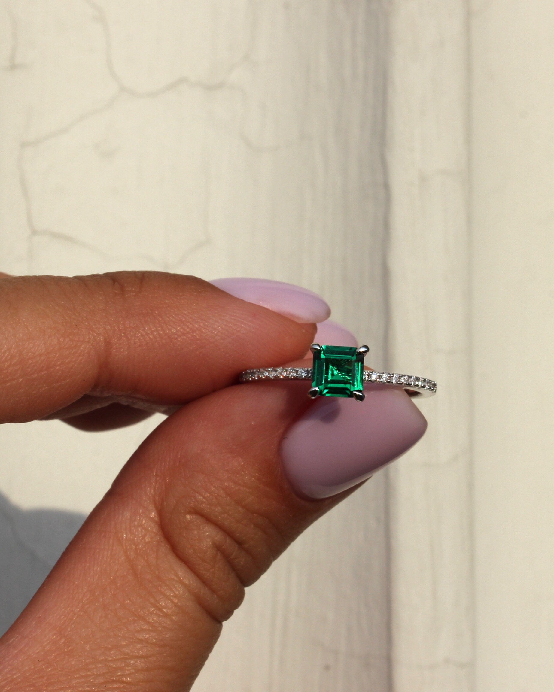 Emerald Square Ring Set. Rhodium-plated Sterling Silver + High Carbon Diamonds.