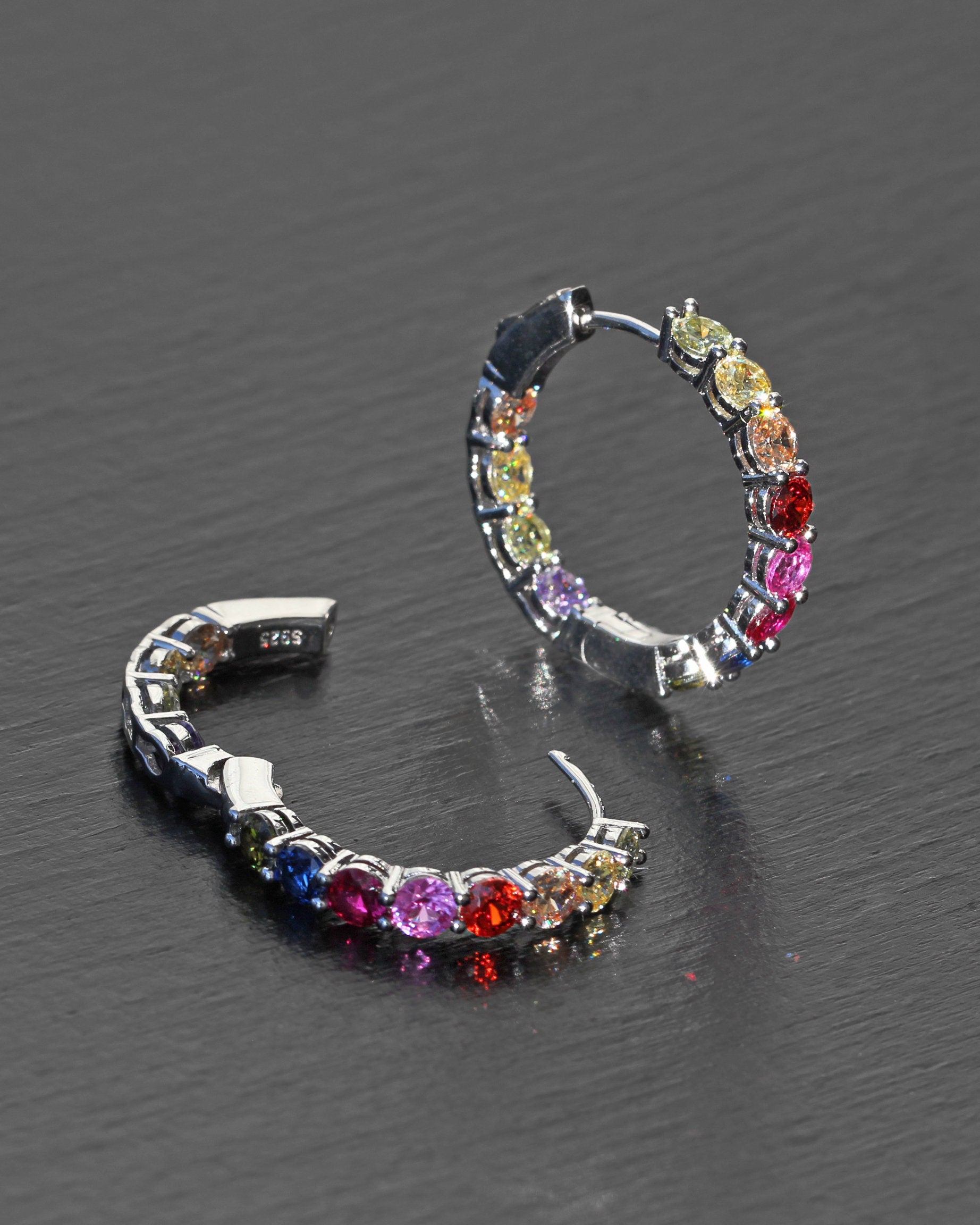 "Festival Of Joy" Colorful Hoop Earrings. Rhodium-plated Sterling Silver 925 + High Carbon Diamonds.