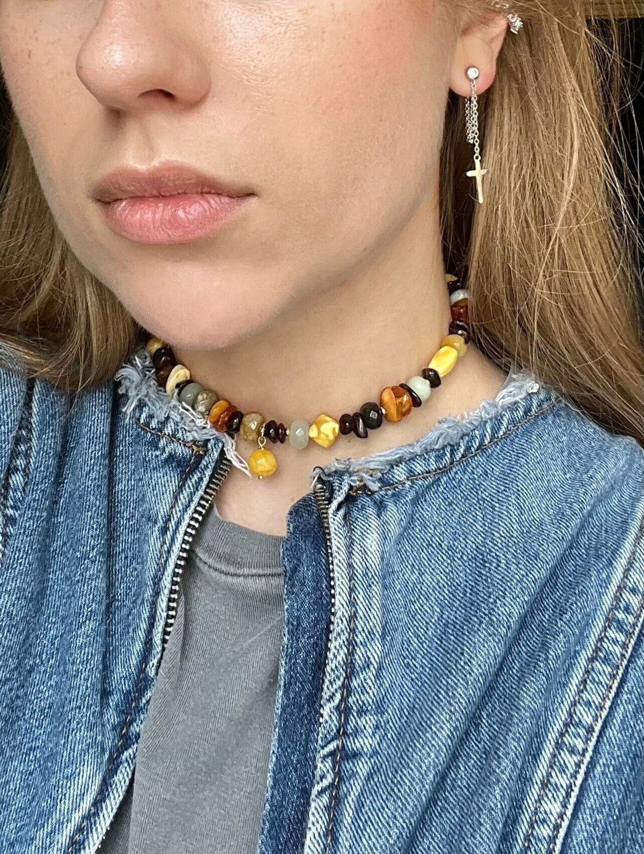 Vintage Amber Double Bracelet: Raw Garnet & Jade.