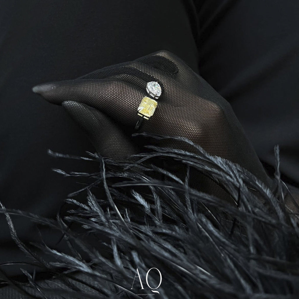 Yellow Emerald & Pear Cut Sterling Silver Ring - Resizable