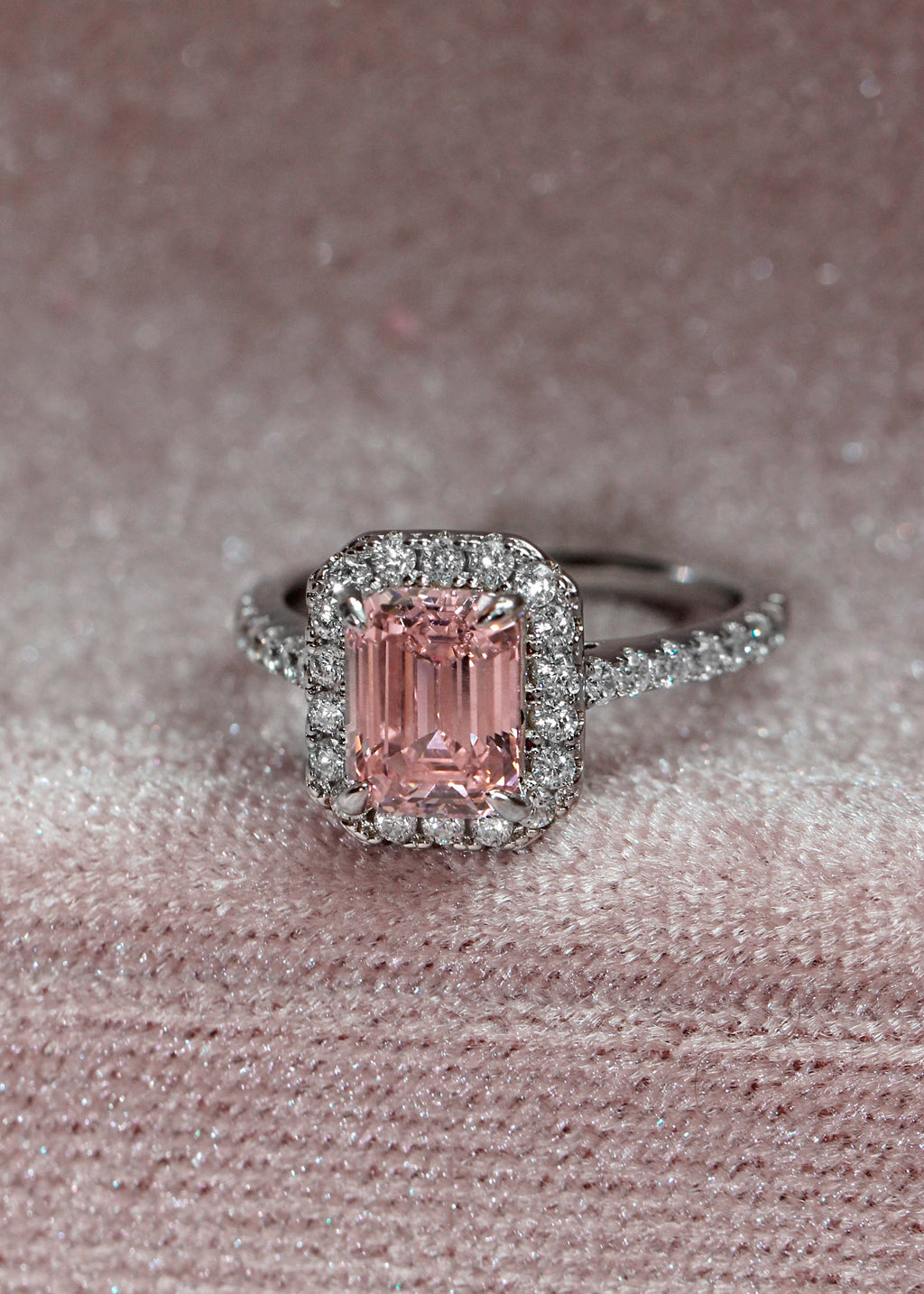 Emerald Cut Pink Ring. Rhodium-plated Sterling Silver 925 + High Carbon Diamond