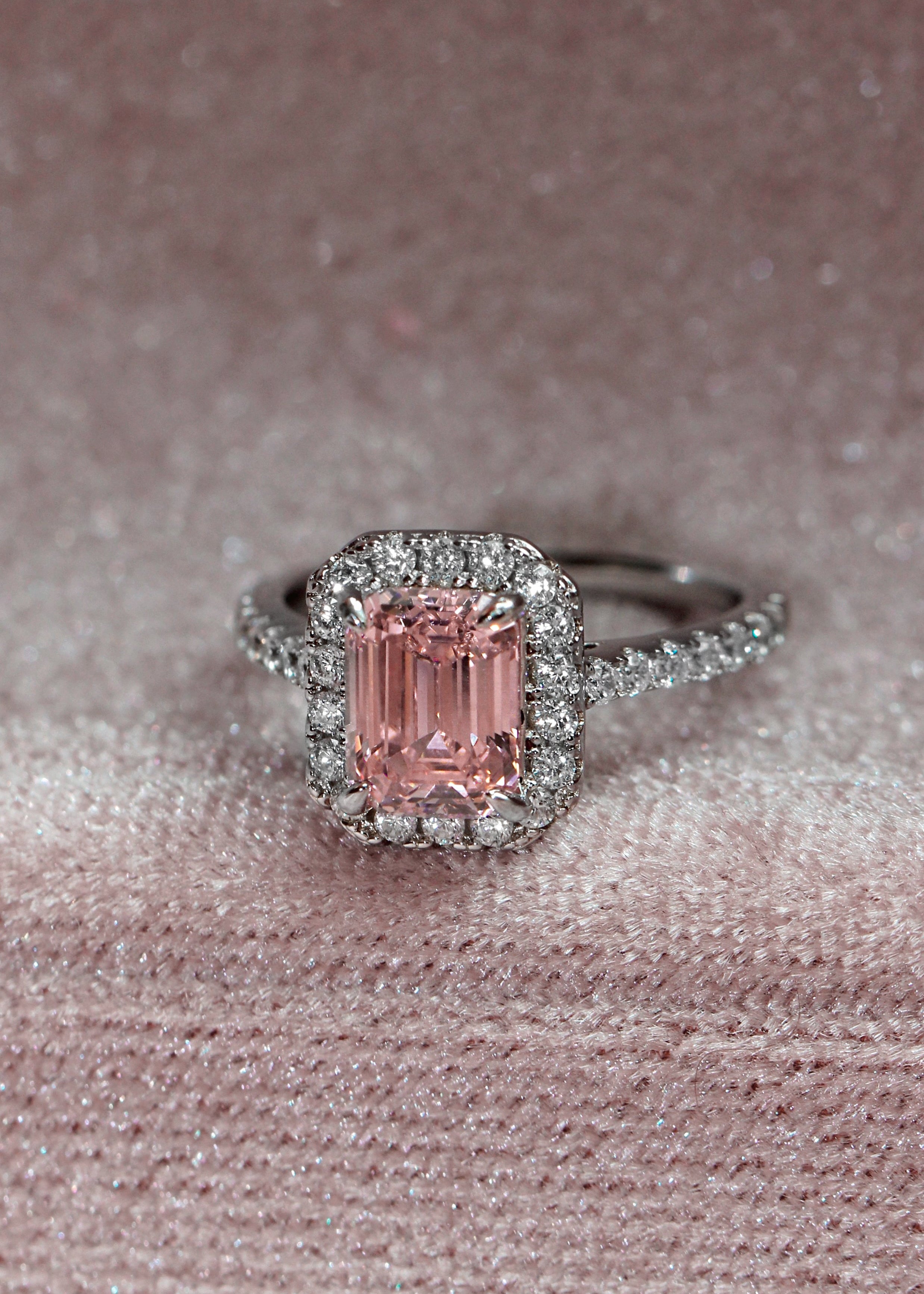 Emerald Cut Pink Ring. Rhodium-plated Sterling Silver 925 + High Carbon Diamond