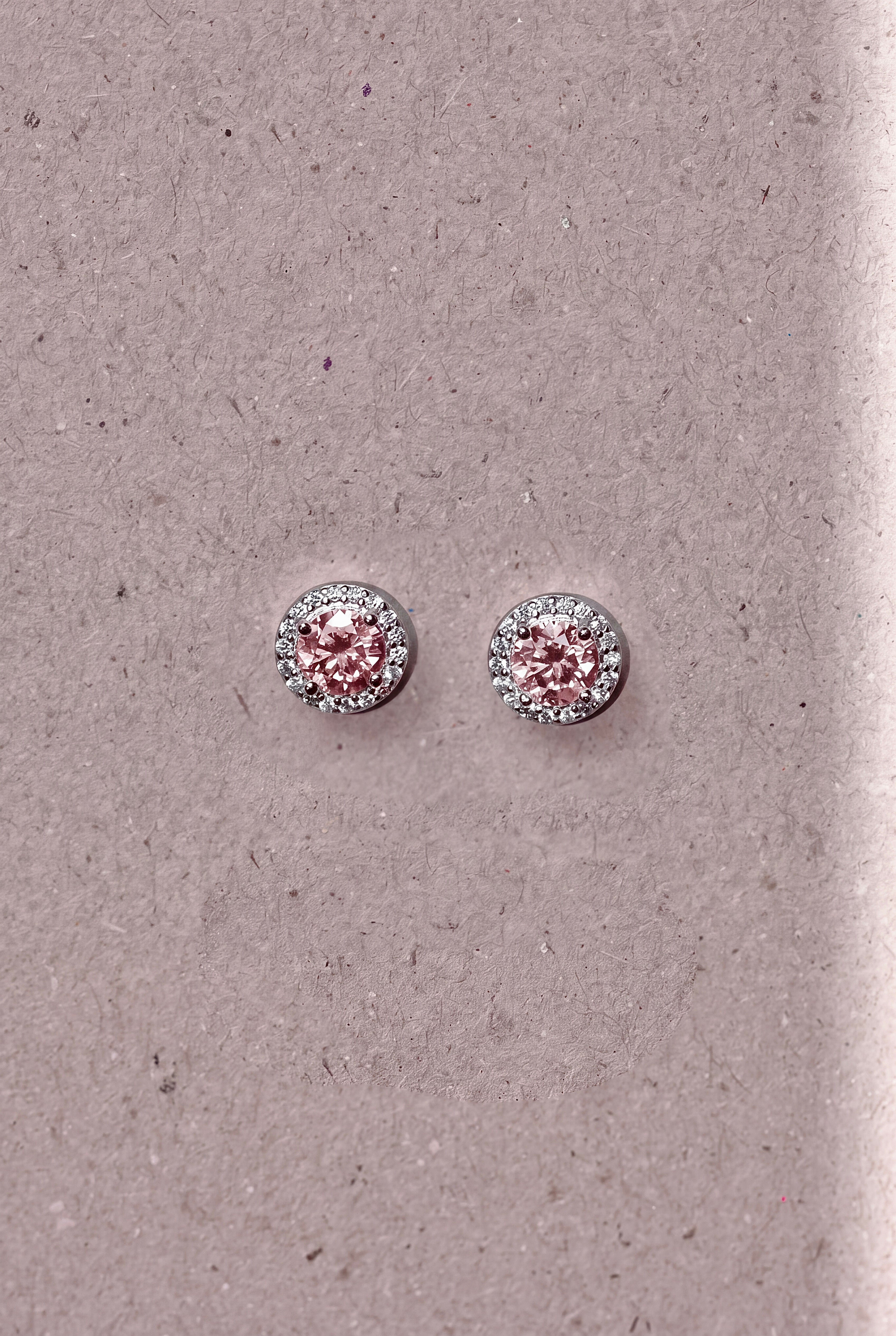 Elegant Moissanite Pink Stud Earrings. Rhodium-plated Sterling Silver 925