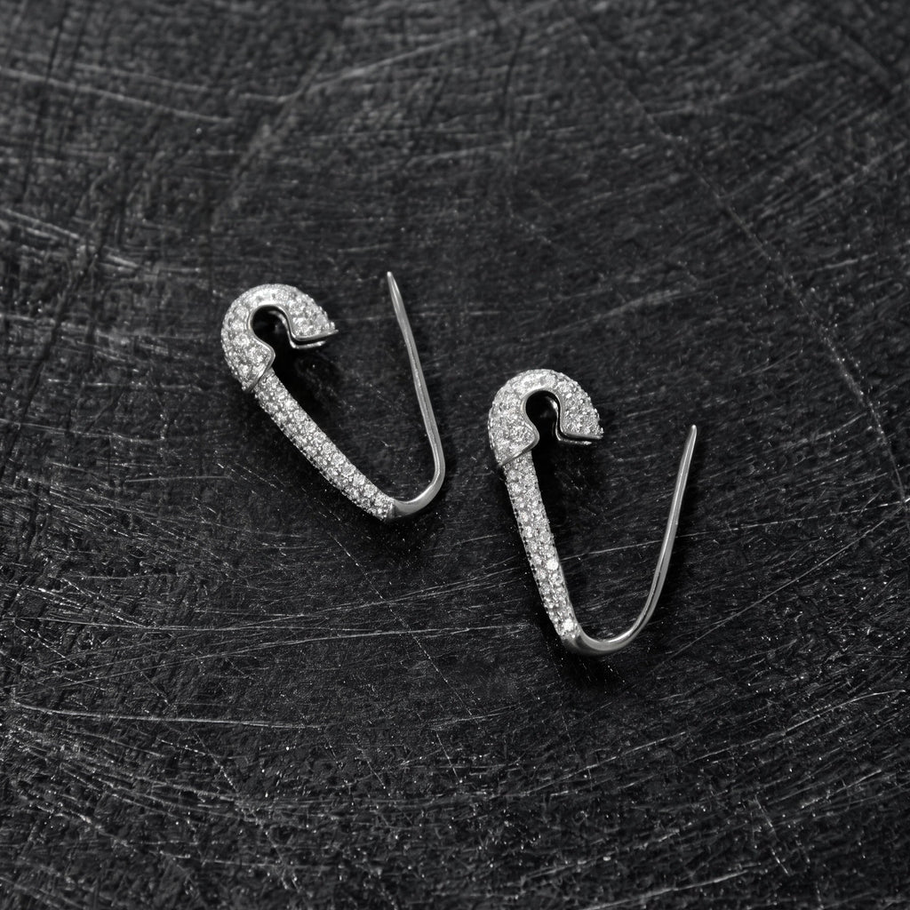 Edgy Punk Safety Pin Earrings. Rhodium-plated Sterling Silver 925 + High Carbon Diamonds