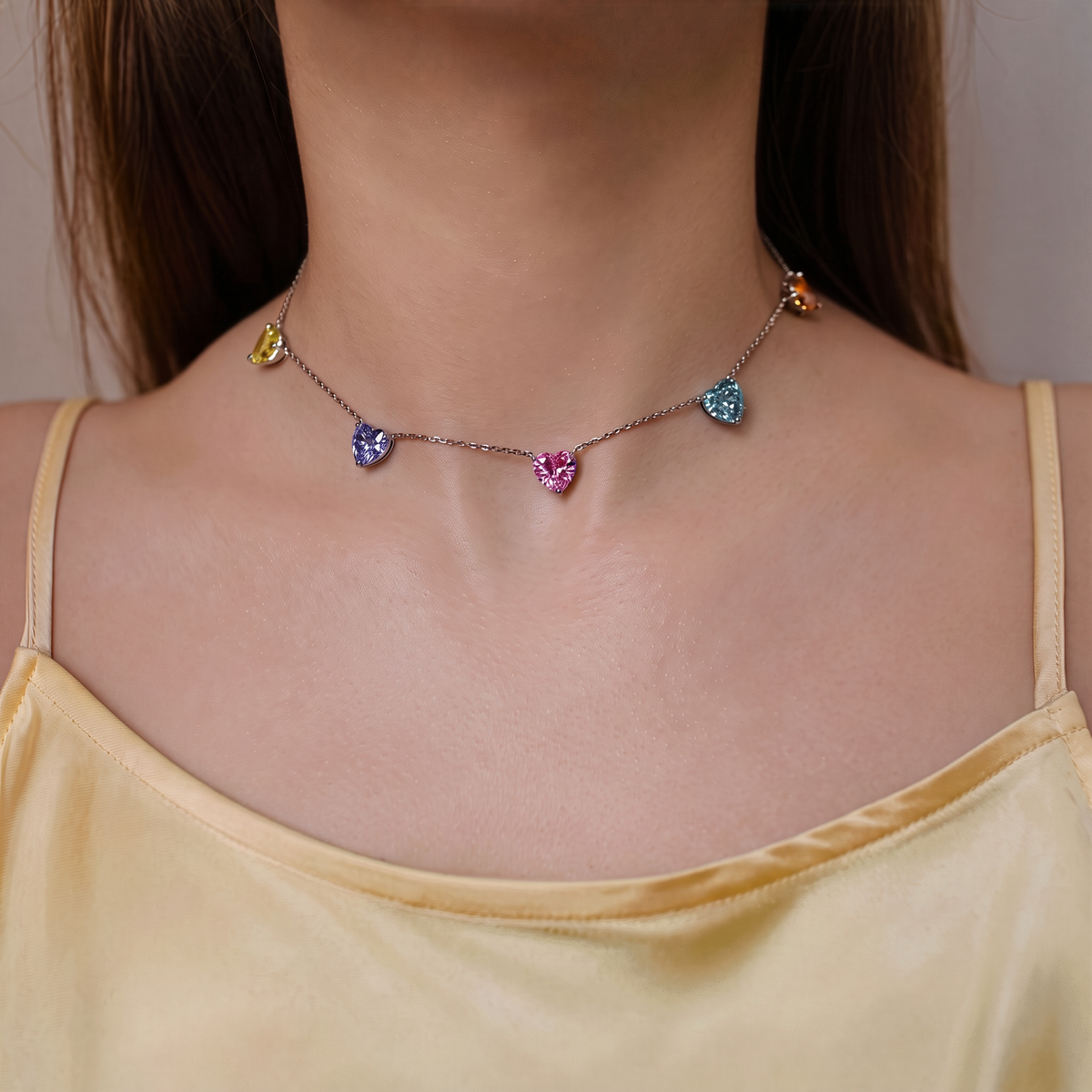 Rainbow Hearts Necklace. Rhodium-plated Sterling Silver 925 + High Carbon Diamonds.