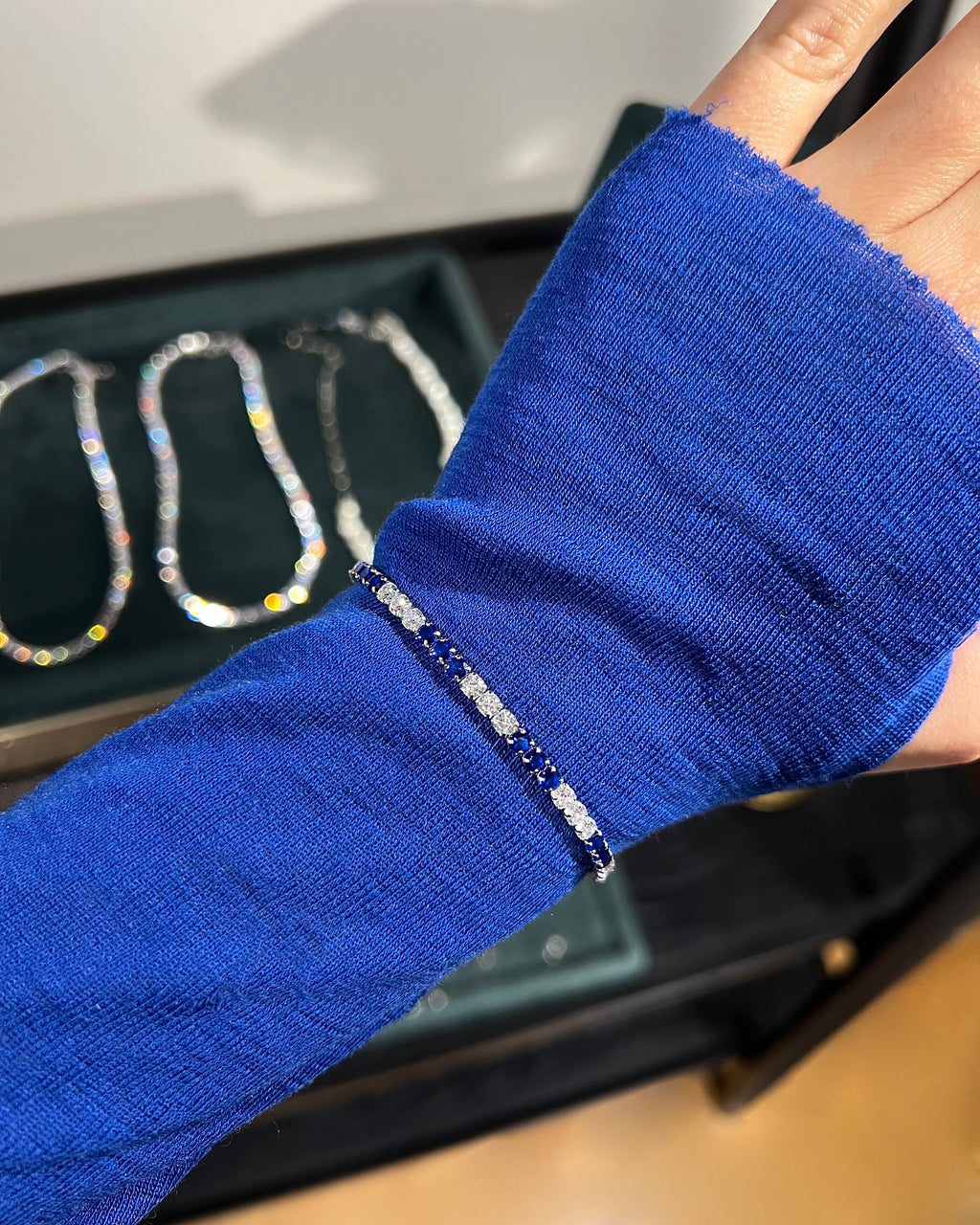 Blue & White Tennis Bracelet. Rhodium-plated Sterling Silver 925 + High Carbon Diamonds.