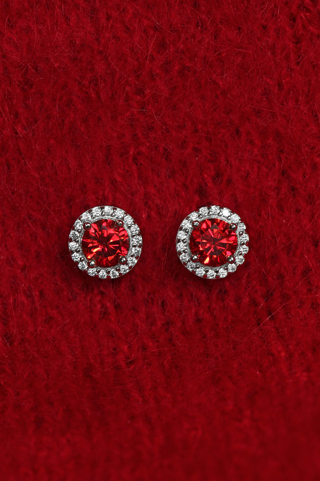 Deep Red Moissanite Stud Earrings: Rhodium-Plated Sterling Silver 925