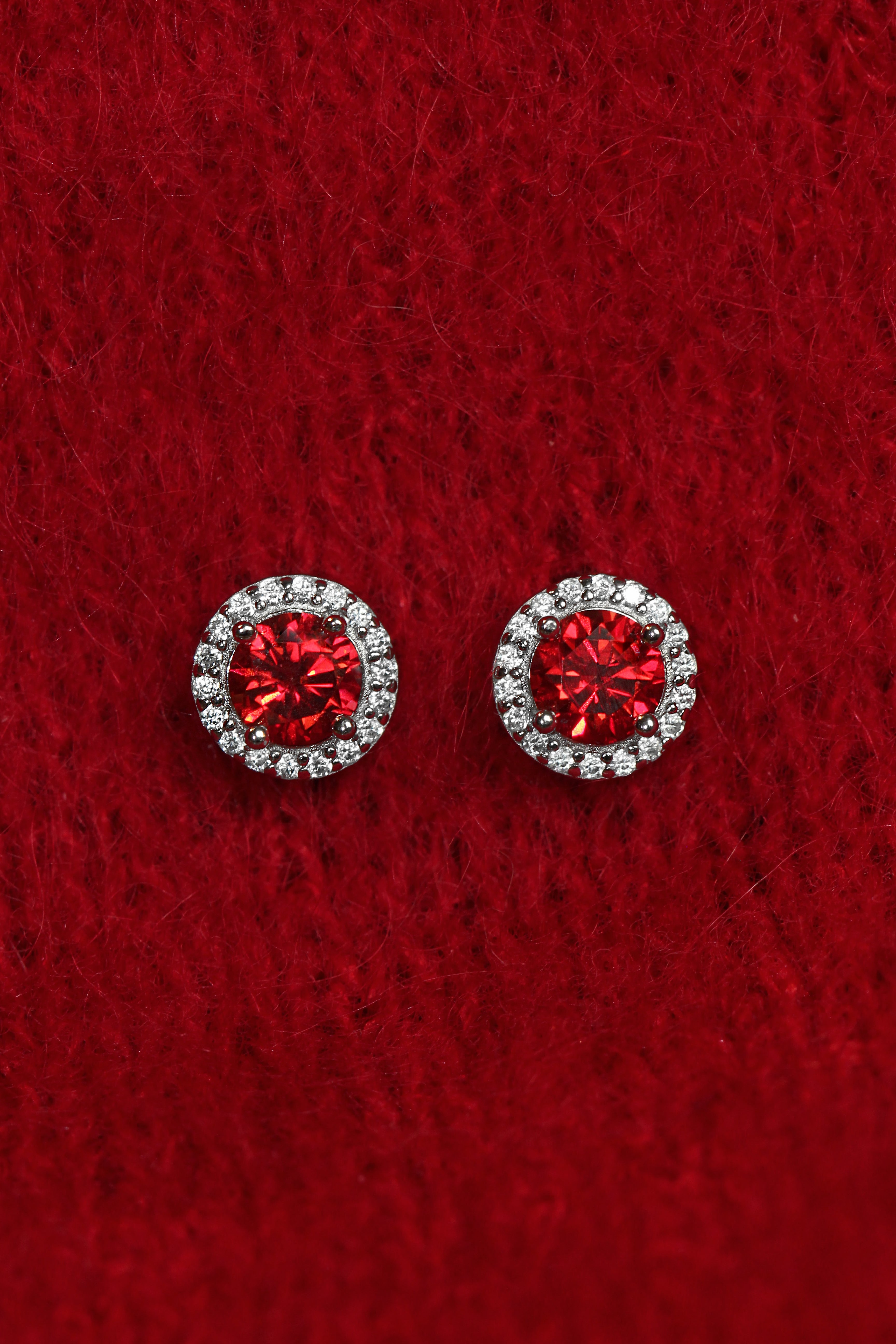 Deep Red Moissanite Stud Earrings: Rhodium-Plated Sterling Silver 925