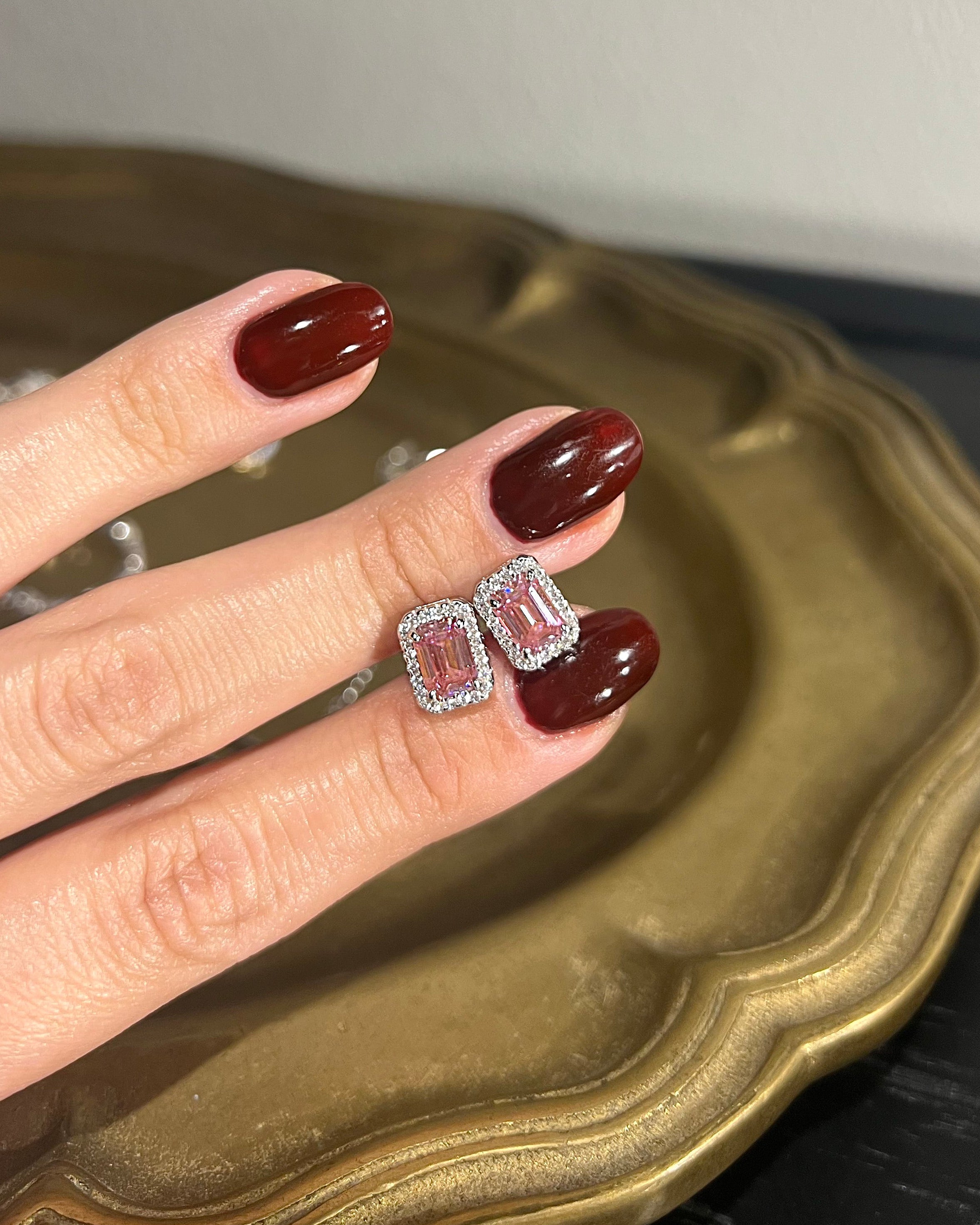 Ethereal Pink Earrings. Emerald Cut Moissanites + Rhodium-plated Sterling Silver 925.