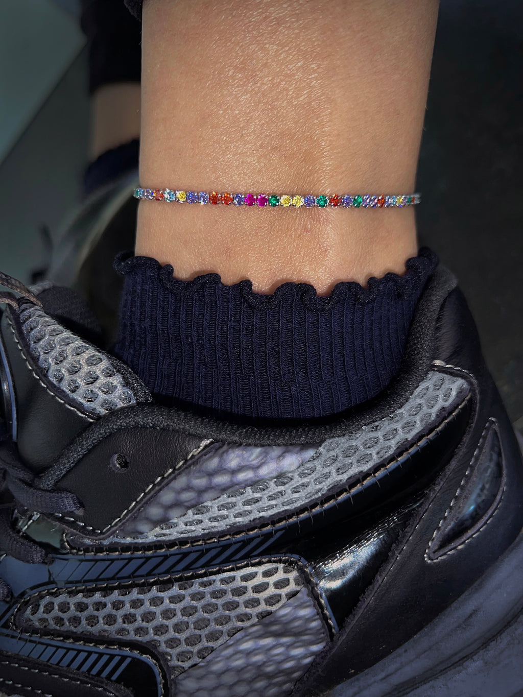 Vibrant tennis anklet. Sterling silver 925 anklet with colorful high carbon diamonds