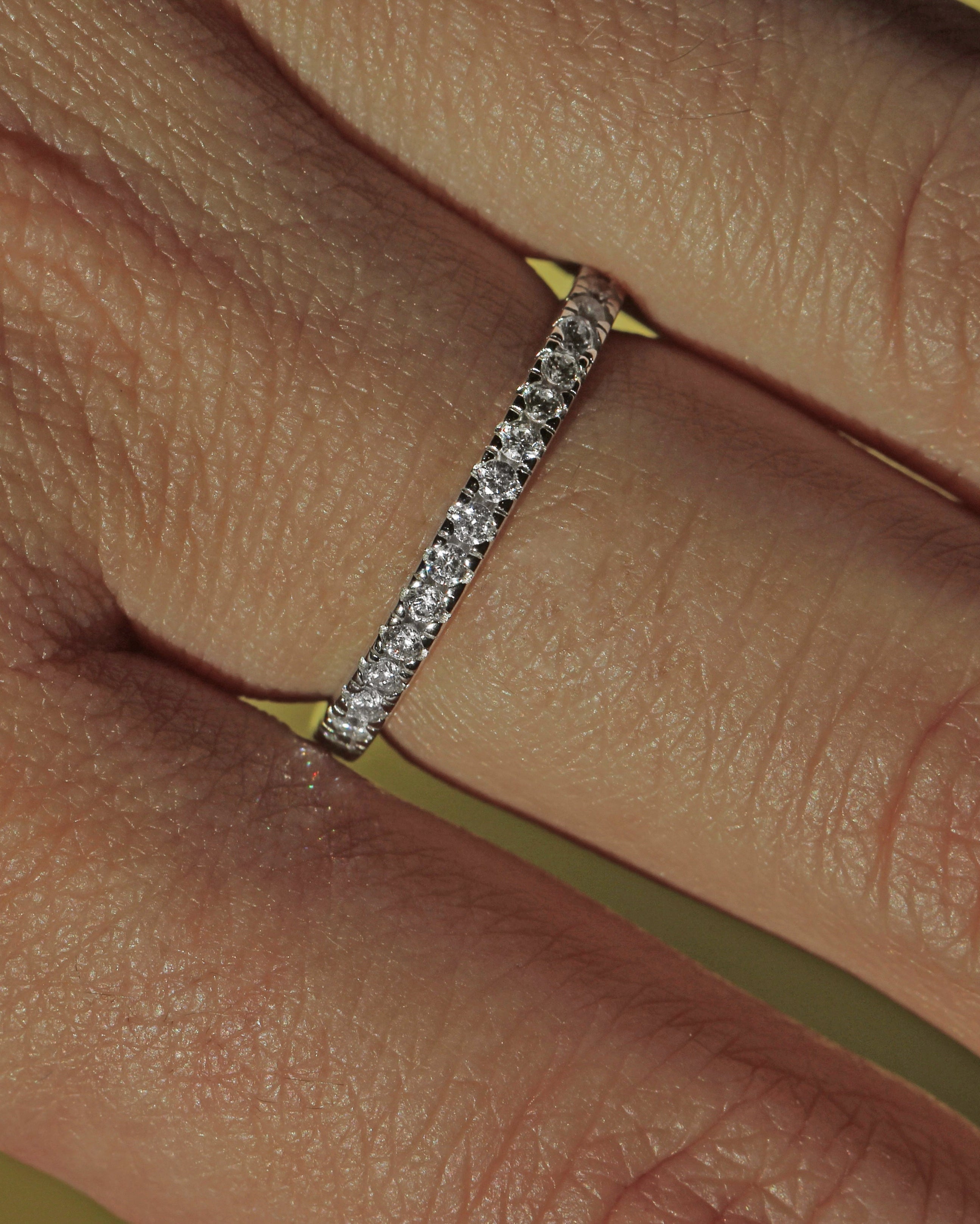 Sterling Silver Eternity Ring: Thin Band with High Carbon Diamonds.