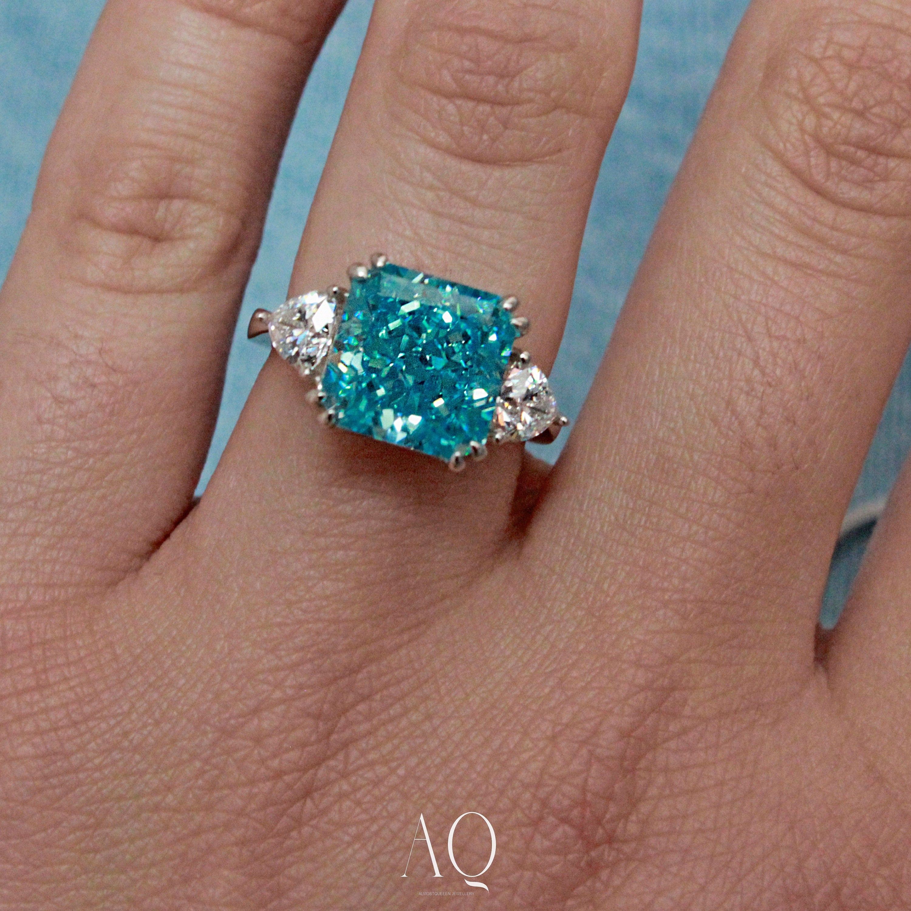 Sky Blue High Carbon Diamond Ring. Rhodium-plated Sterling Silver 925.