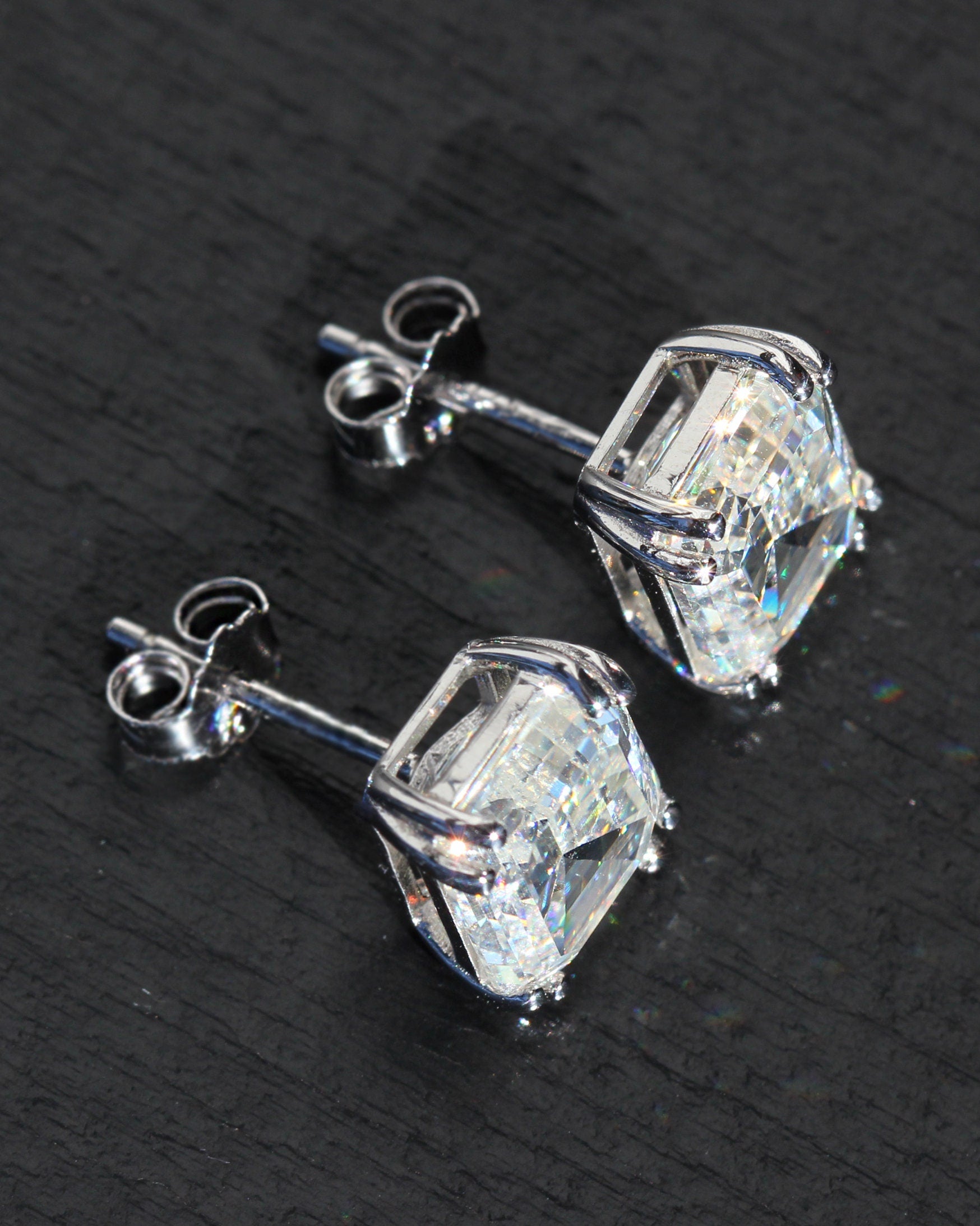 Emerald Cut Studs: Rhodium-plated Sterling Silver 925 + High Carbon Diamonds