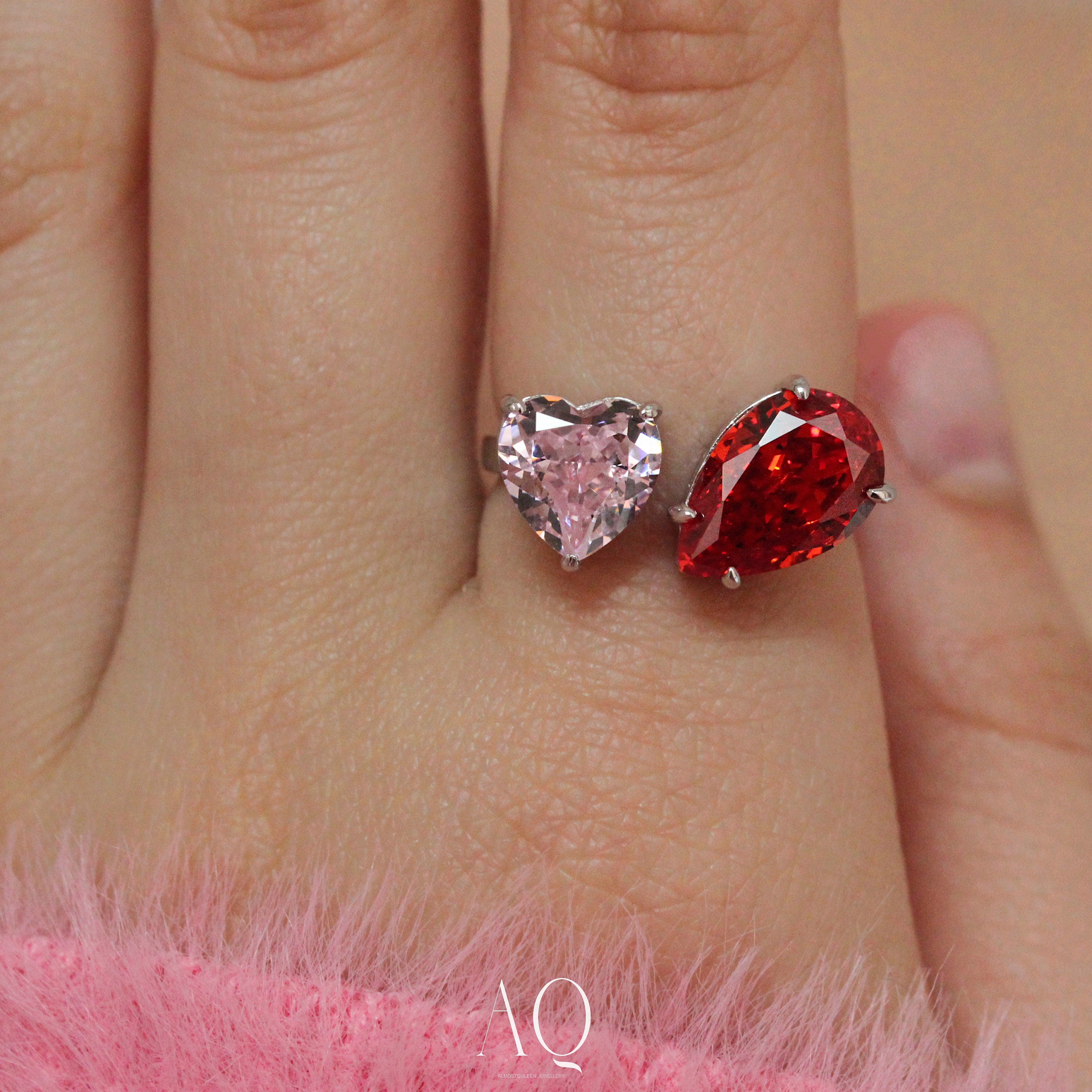 Heart & Pear Cut Ring. Resizable. Rhodium-plated Sterling Silver 925 + High Carbon Diamonds.