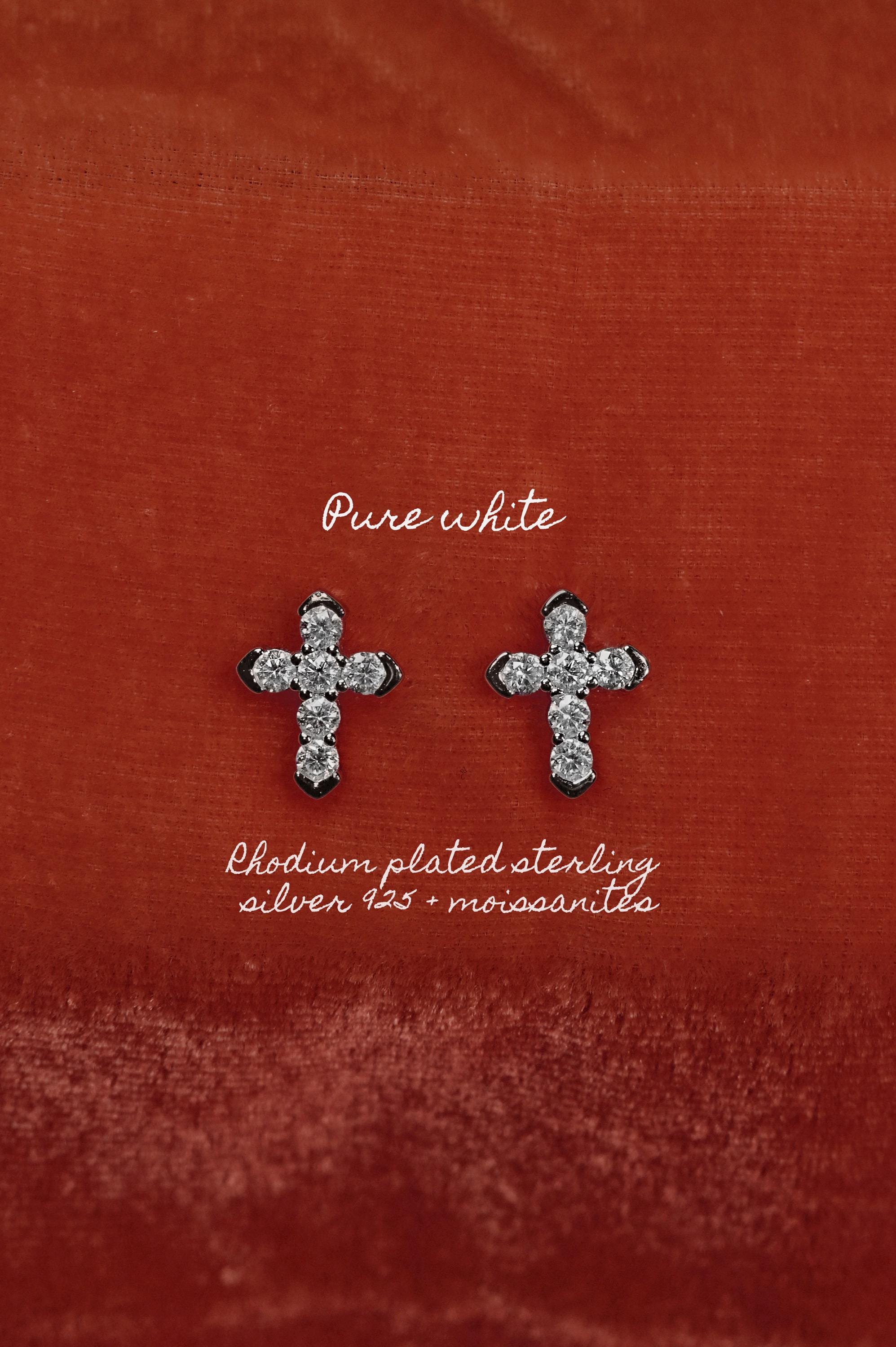 Moissanite Cross Earrings. Rhodium-plated Sterling Silver 925.