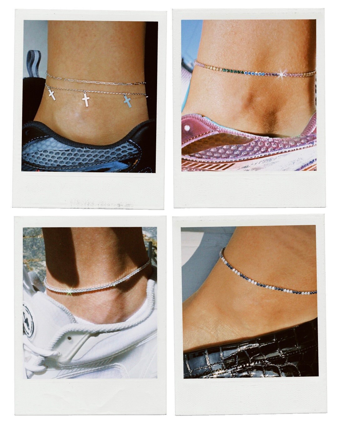 Sterling Silver Anklet Set: Cross Charms + Contrast Tennis Anklet.