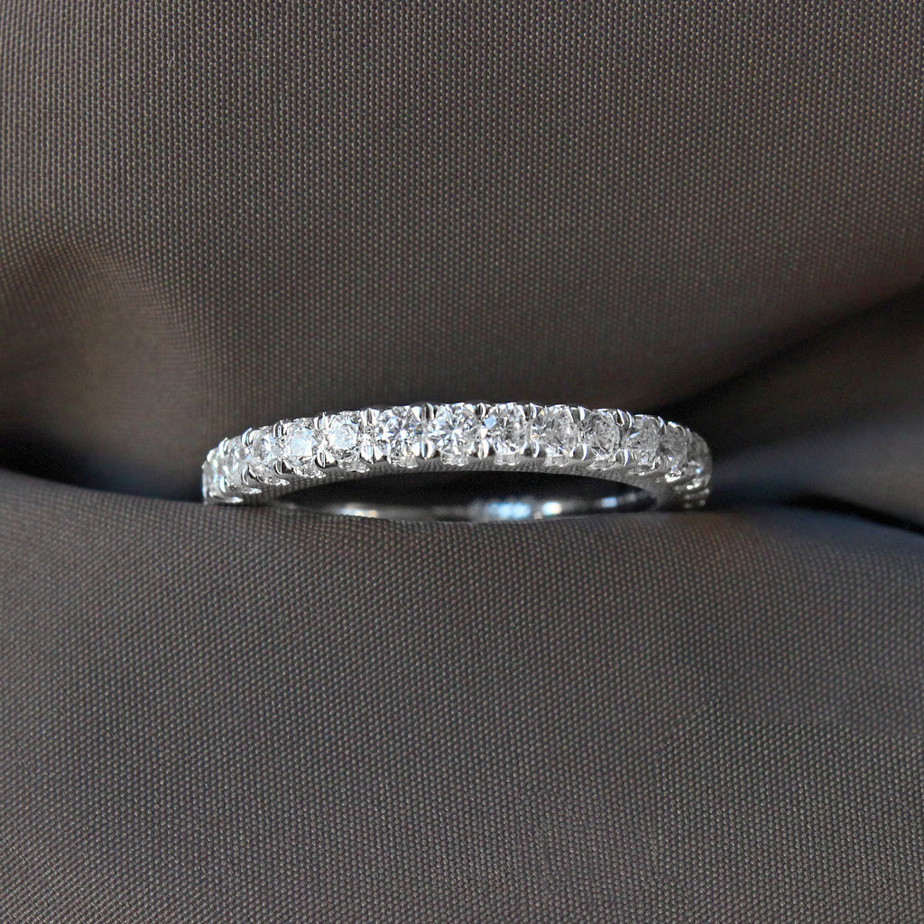 Sterling Silver Eternity Ring: Thin Band with High Carbon Diamonds.