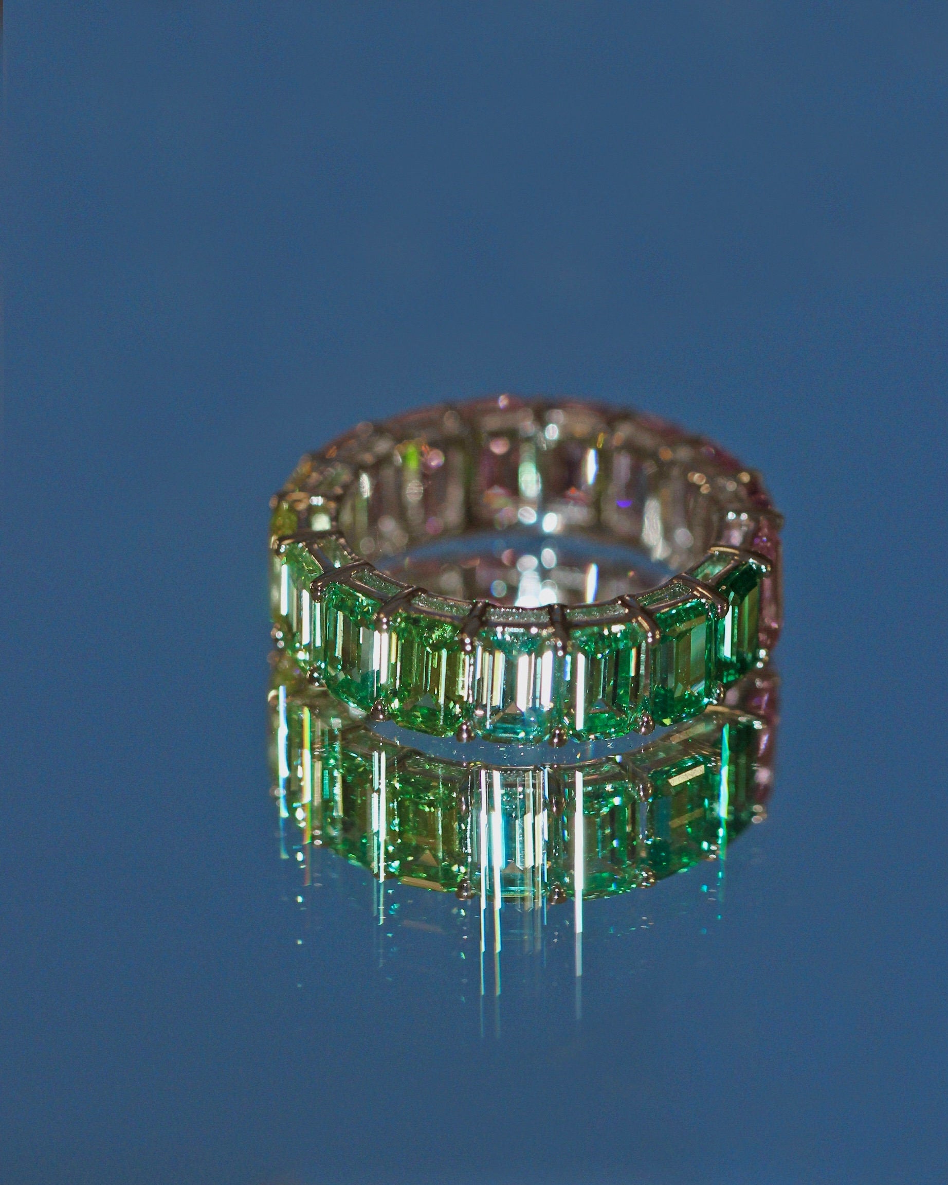Gradient of Joy Ring. Emerald Cut High Carbon Diamond Ring. Rhodium-plated Sterling Silver 925.