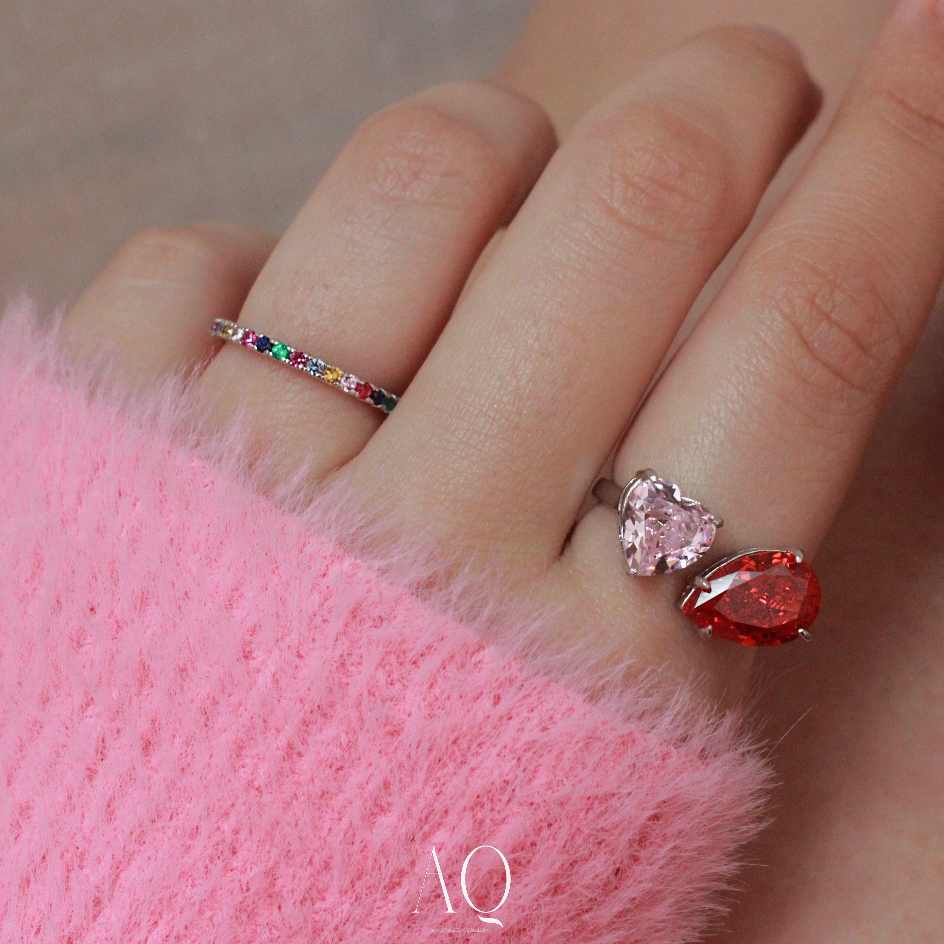 Heart & Pear Cut Ring. Resizable. Rhodium-plated Sterling Silver 925 + High Carbon Diamonds.