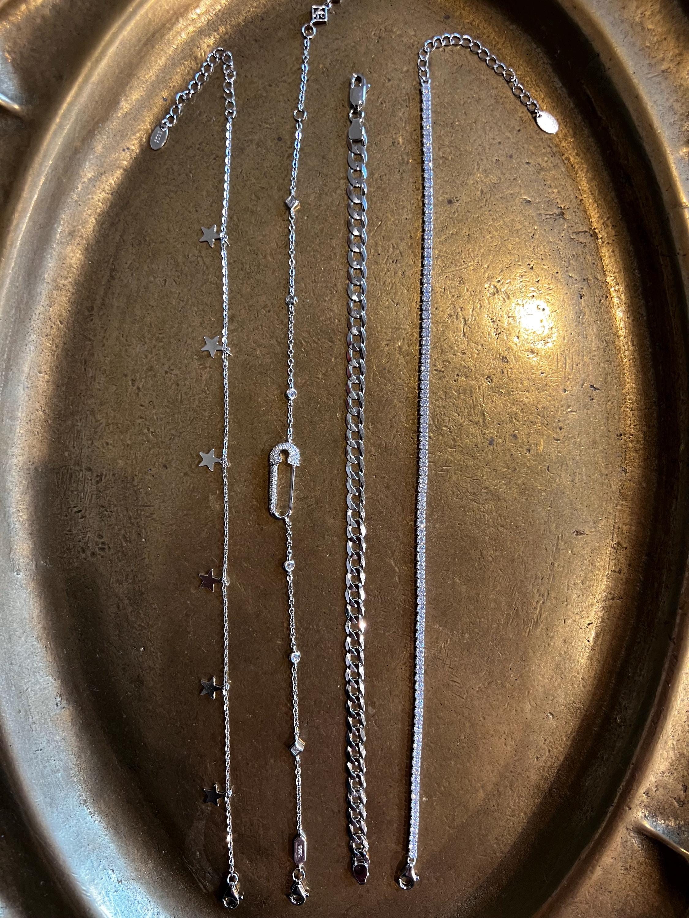 Sterling Silver Safety Pin Anklet: High Carbon Diamond Accent.