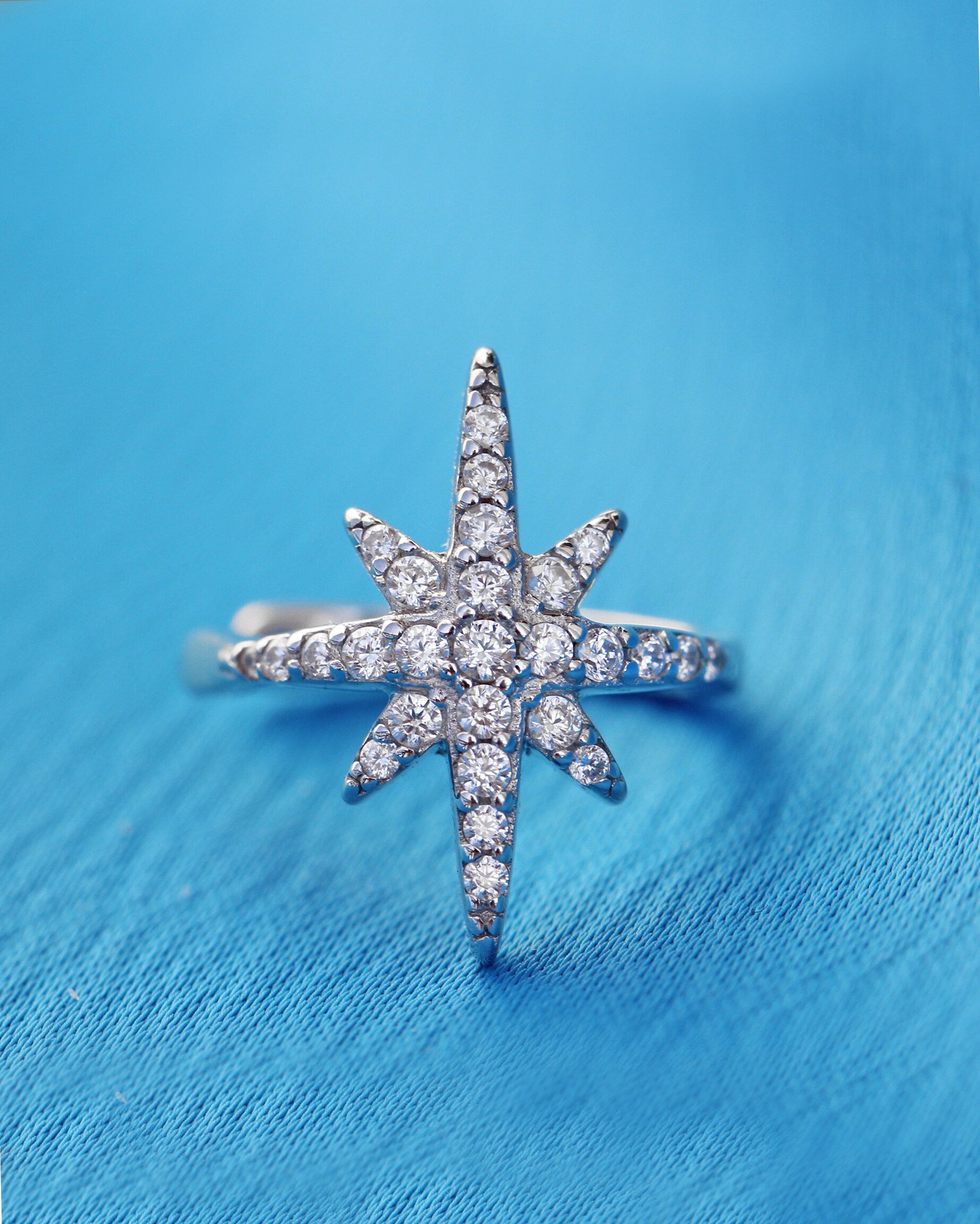 Star Ear Cuff. Rhodium-plated Sterling Silver 925 + High Carbon Diamonds. No Piercing Jewelry.