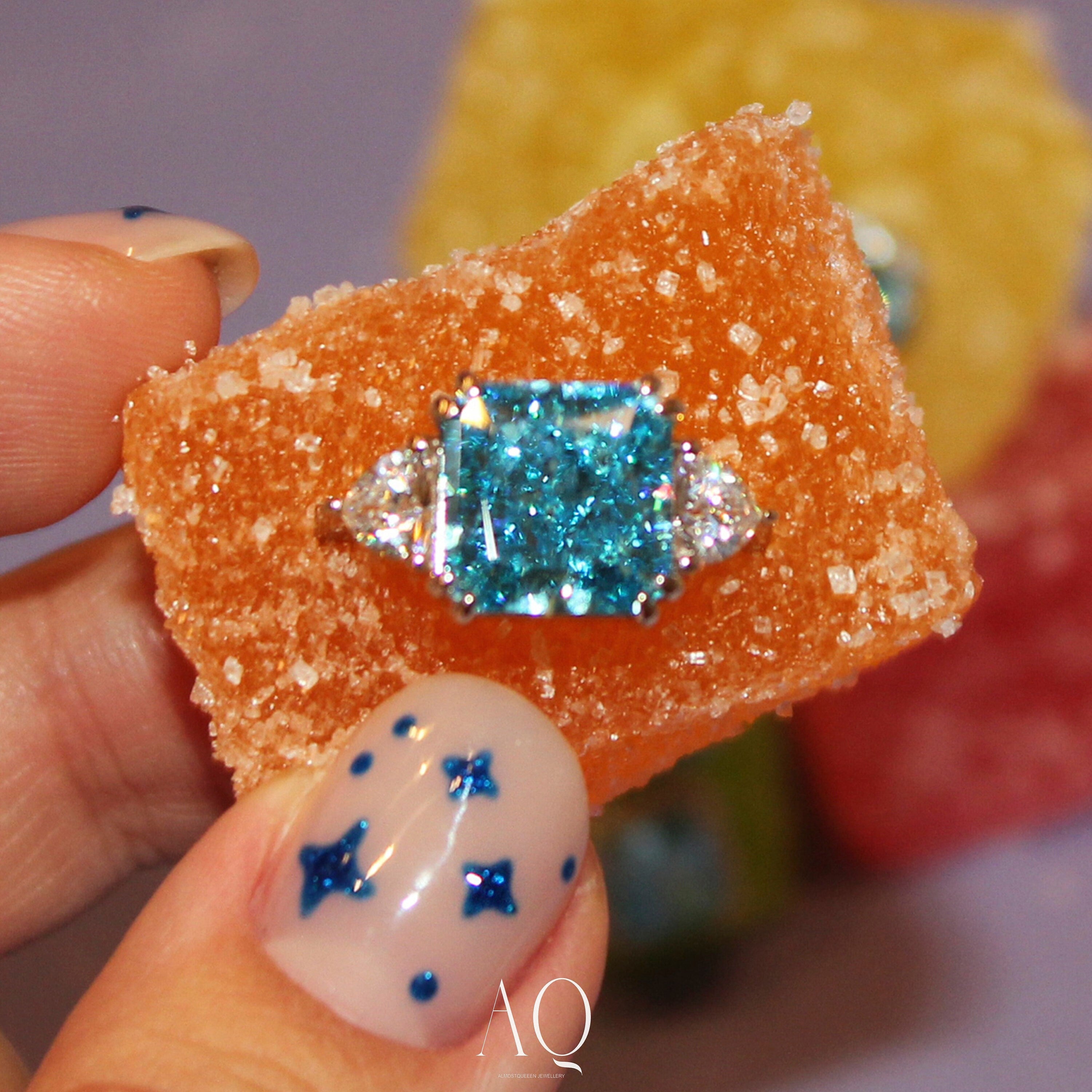Sky Blue High Carbon Diamond Ring. Rhodium-plated Sterling Silver 925.