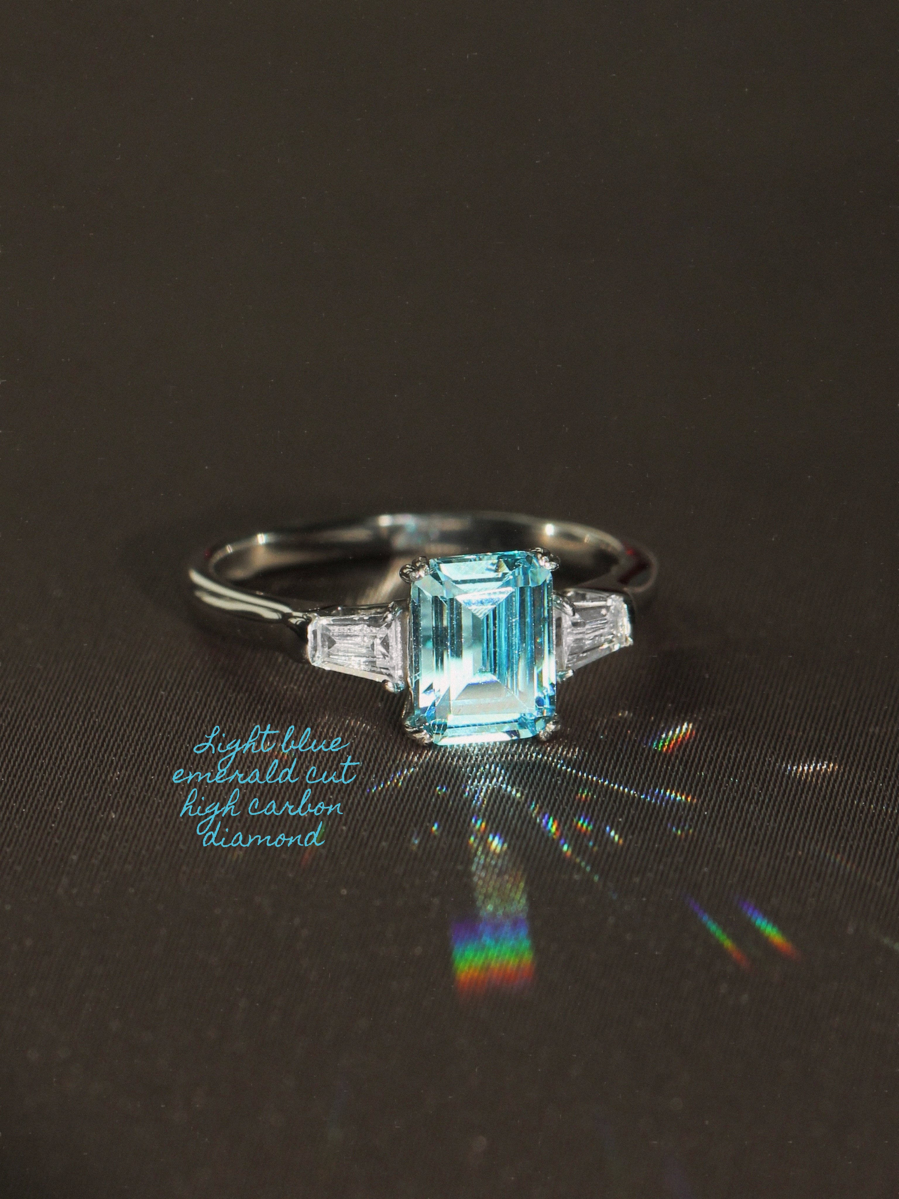Light Blue Emerald Cut Ring. Rhodium-plated Streling Silver 925.