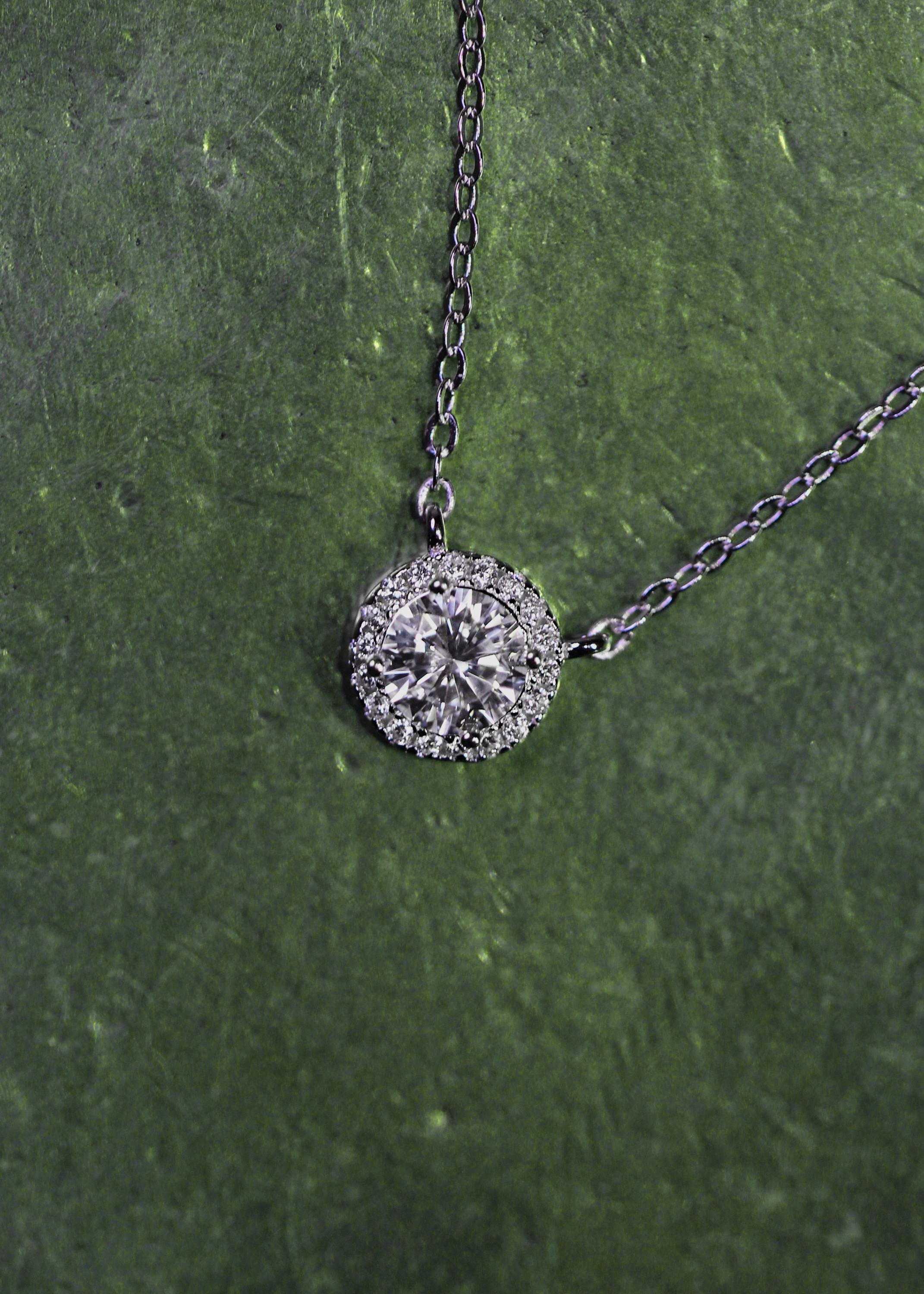 Moissanite Round Pendant: Rhodium Plated Sterling Silver 925 Necklace
