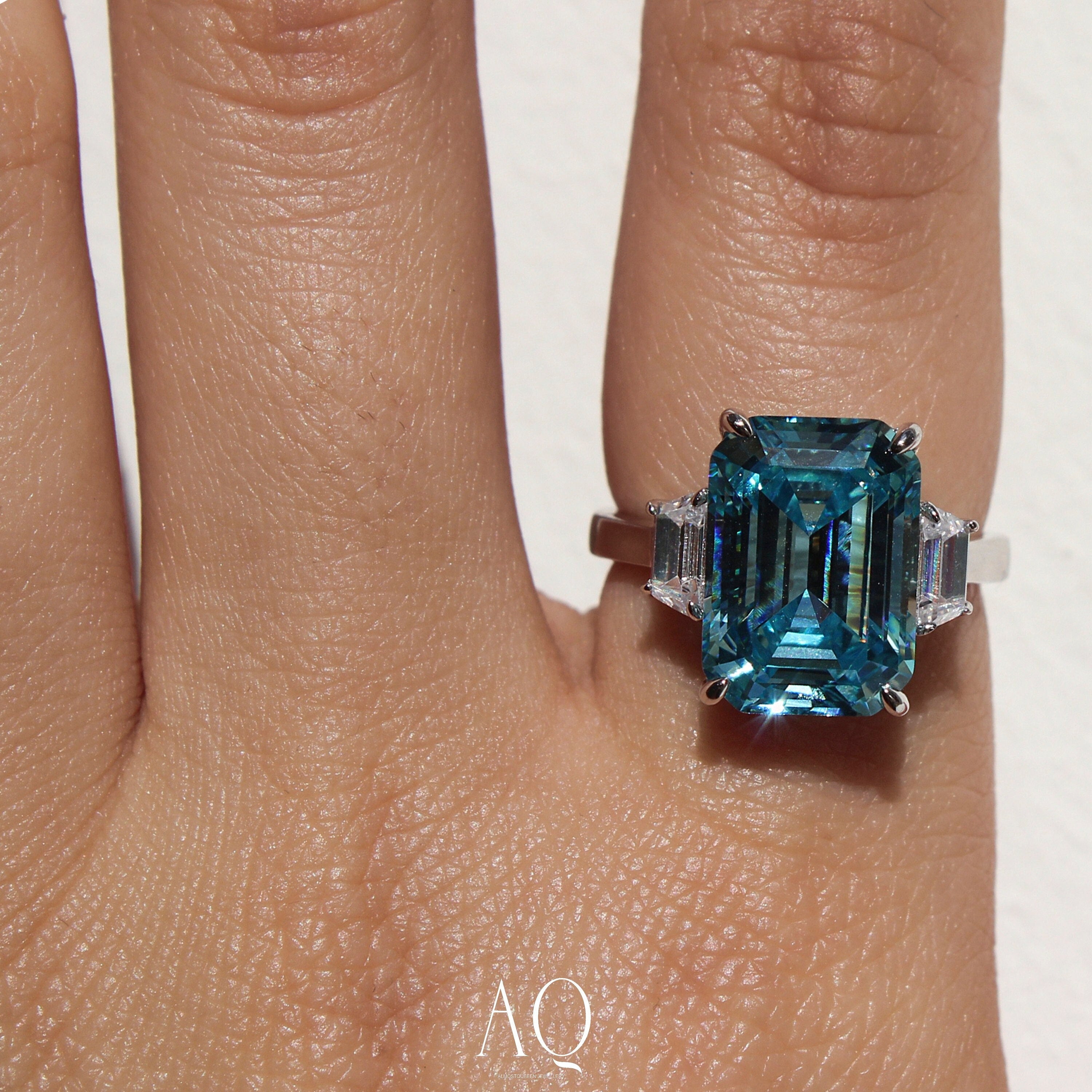 Blue Lagoon 10CT Sterling Silver Ring: Emerald Cut Cocktail Ring.