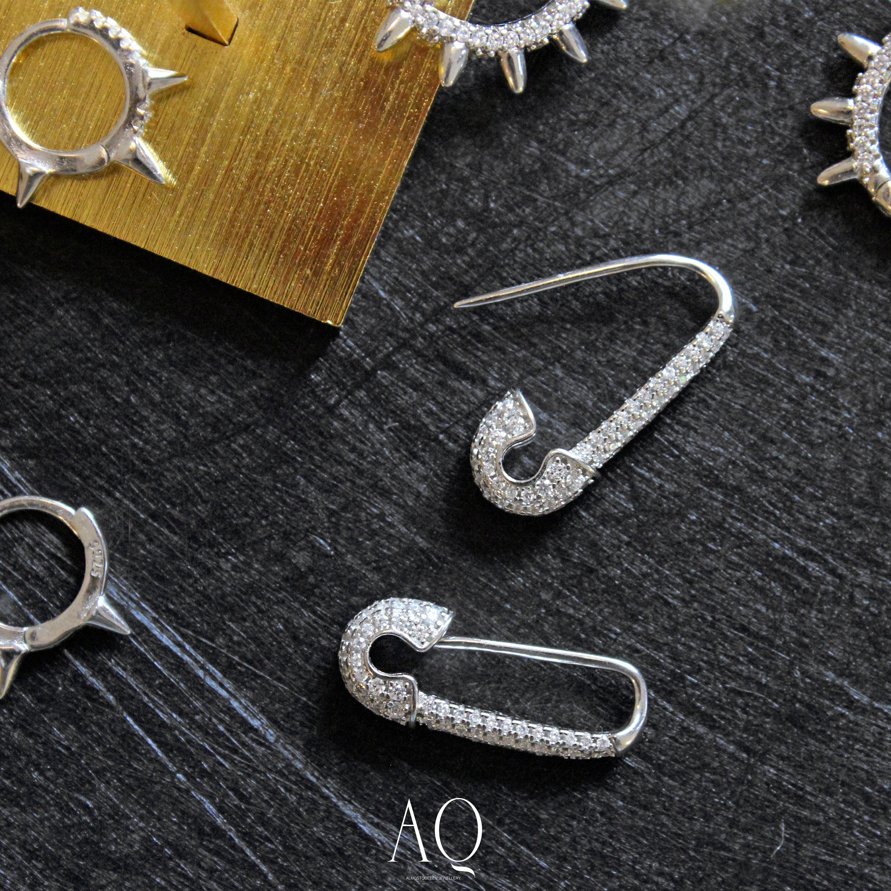 Edgy Punk Safety Pin Earrings. Rhodium-plated Sterling Silver 925 + High Carbon Diamonds.