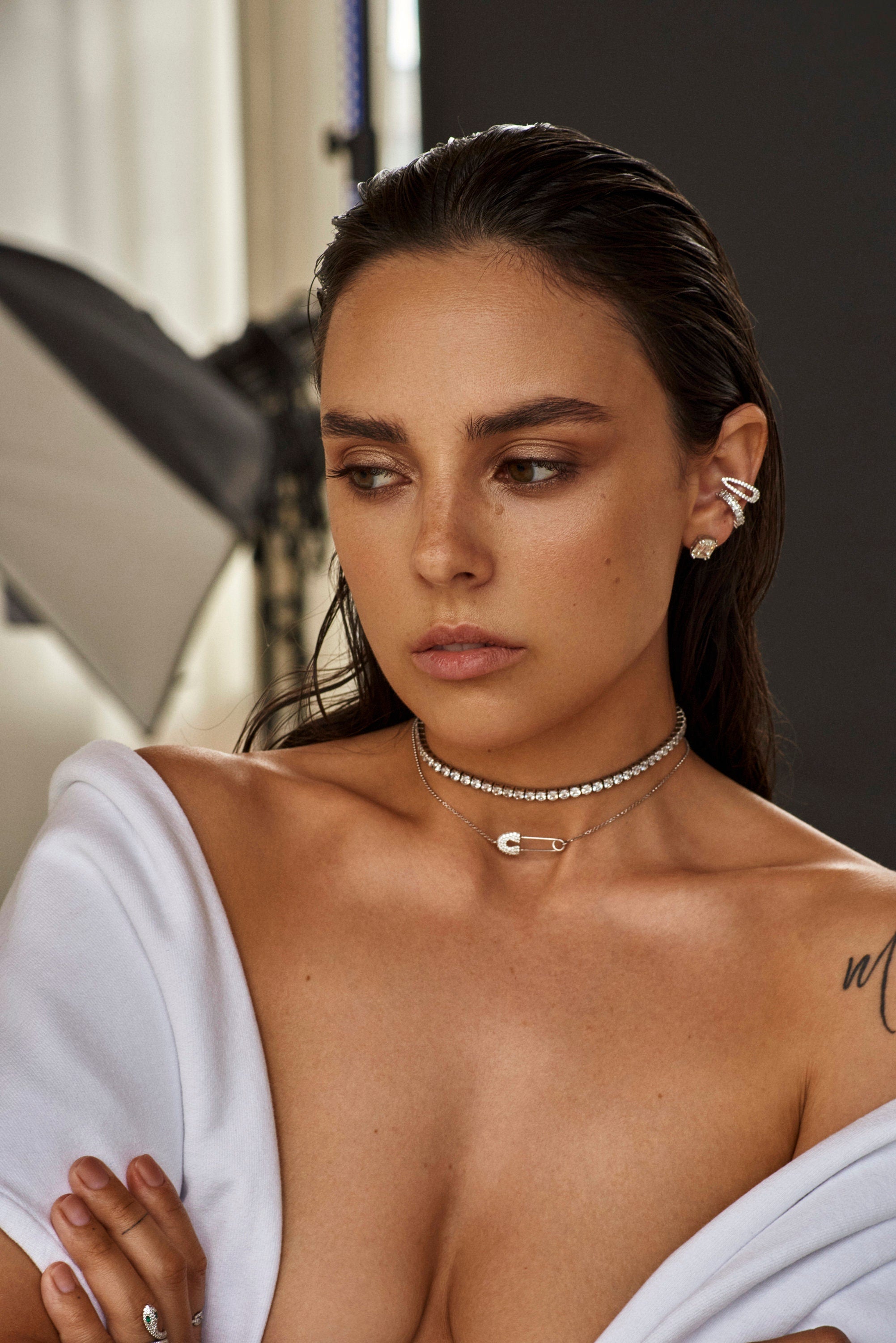 Safety Pin Necklace or Choker. Rhodium-plated Sterling Silver 925 + High Carbon Diamonds.