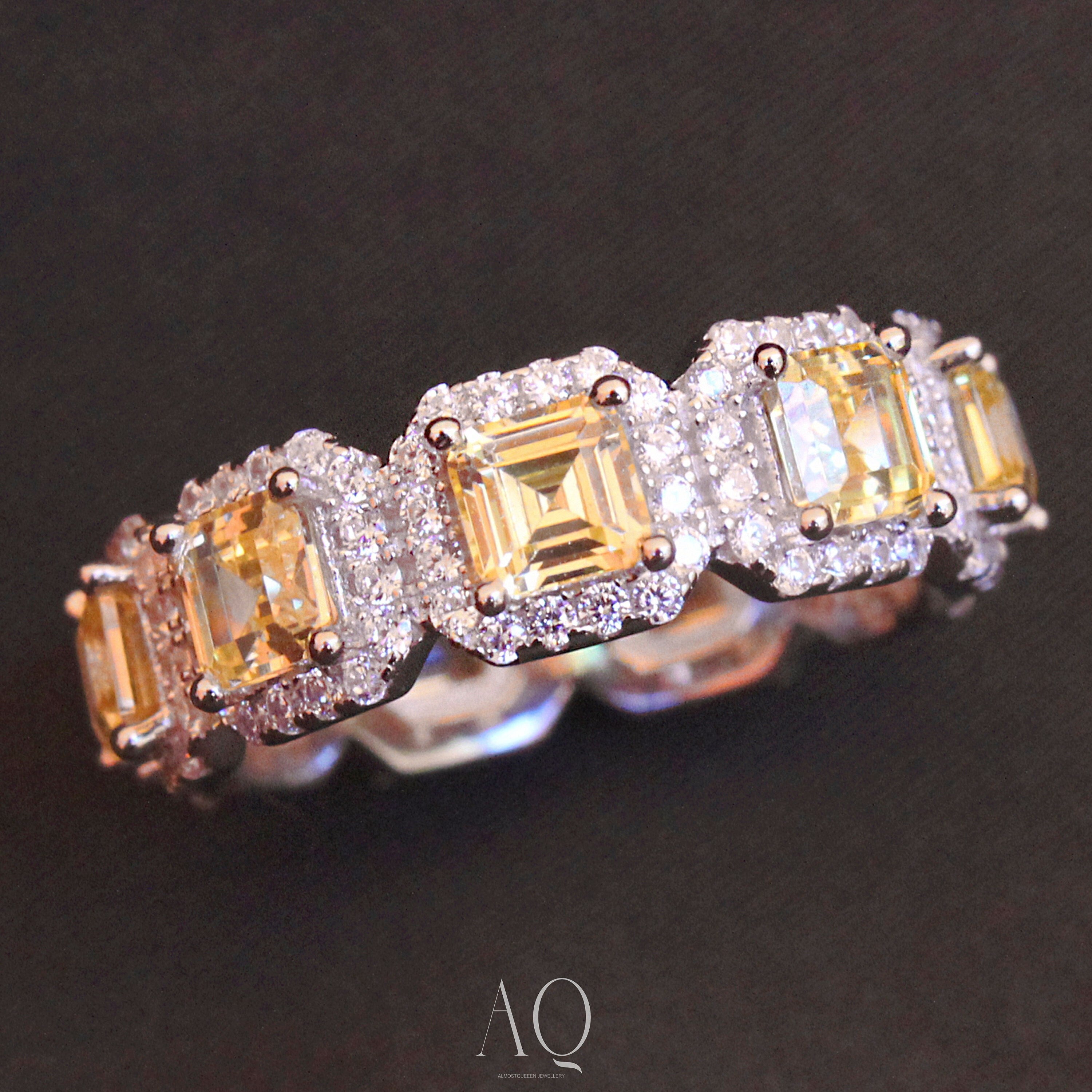 Sunny Royal Ring. Rhodium Plated Sterling Silver 925 + Light Yellow High Carbon Diamonds.