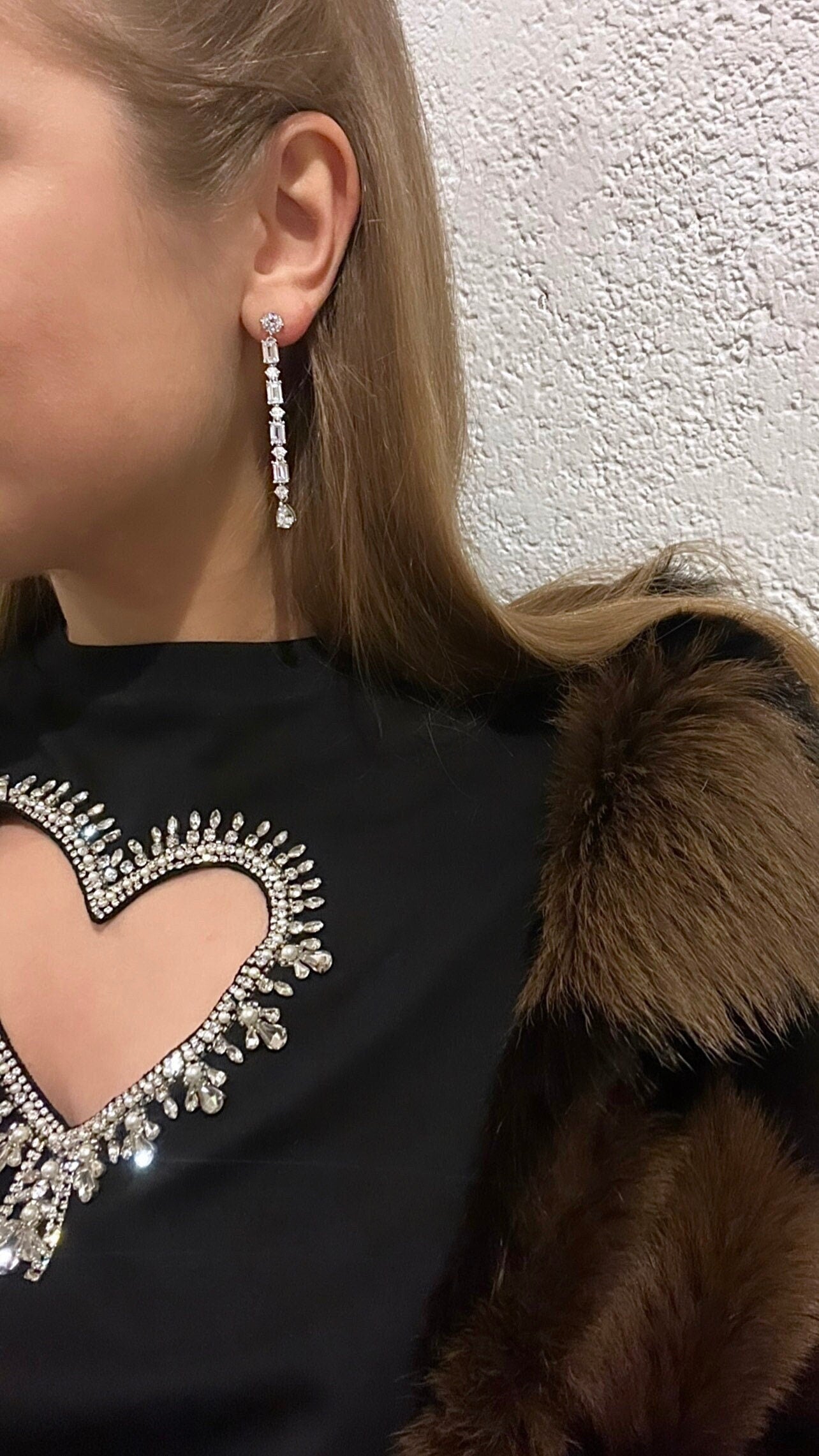 Long Multi-Shape Statement Earrings: Emerald, Diamond & Pear Cuts.