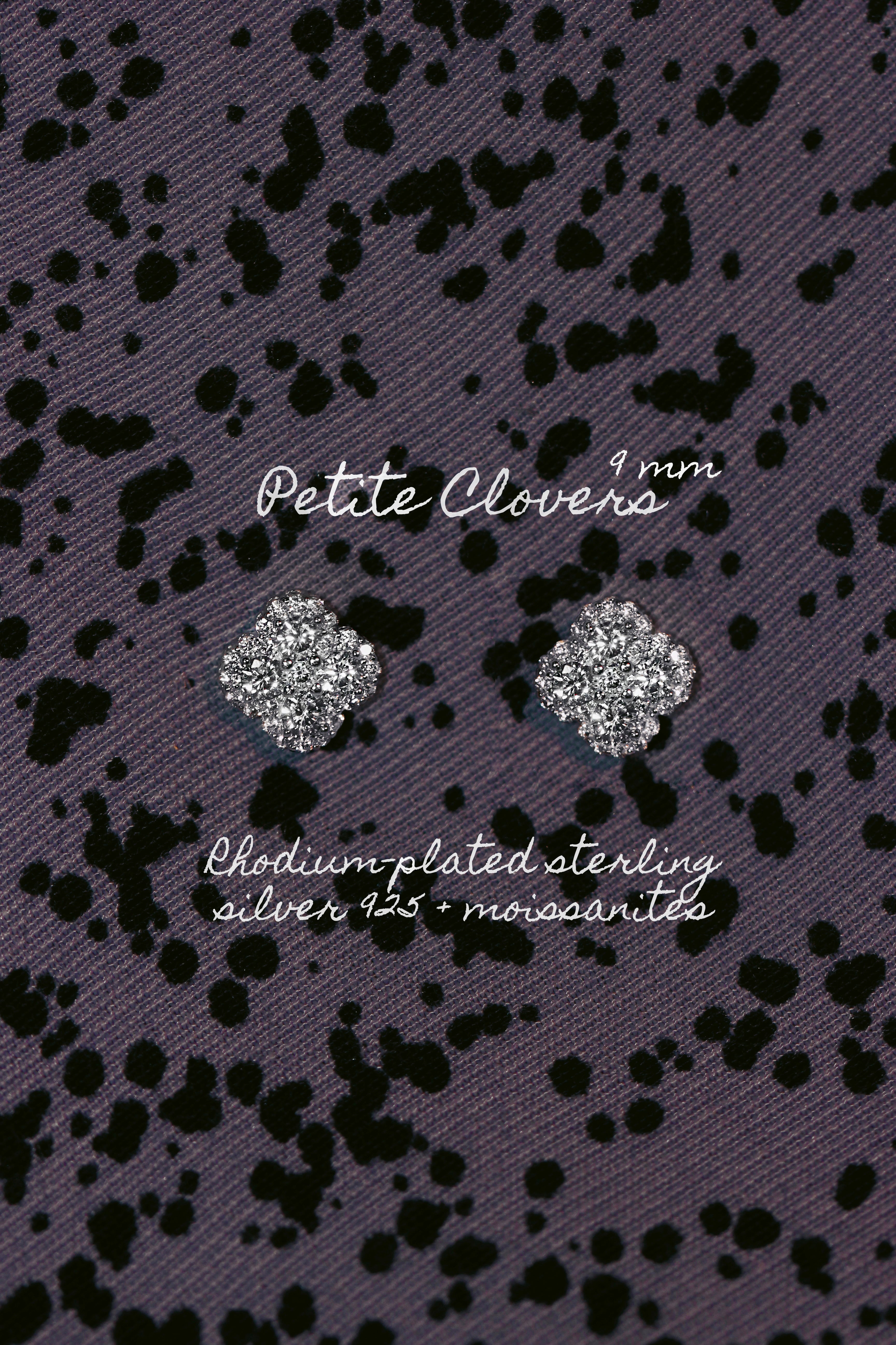 Petite Clovers Earrings. Rhodium-plated Sterling Silver 925 + Moissanites
