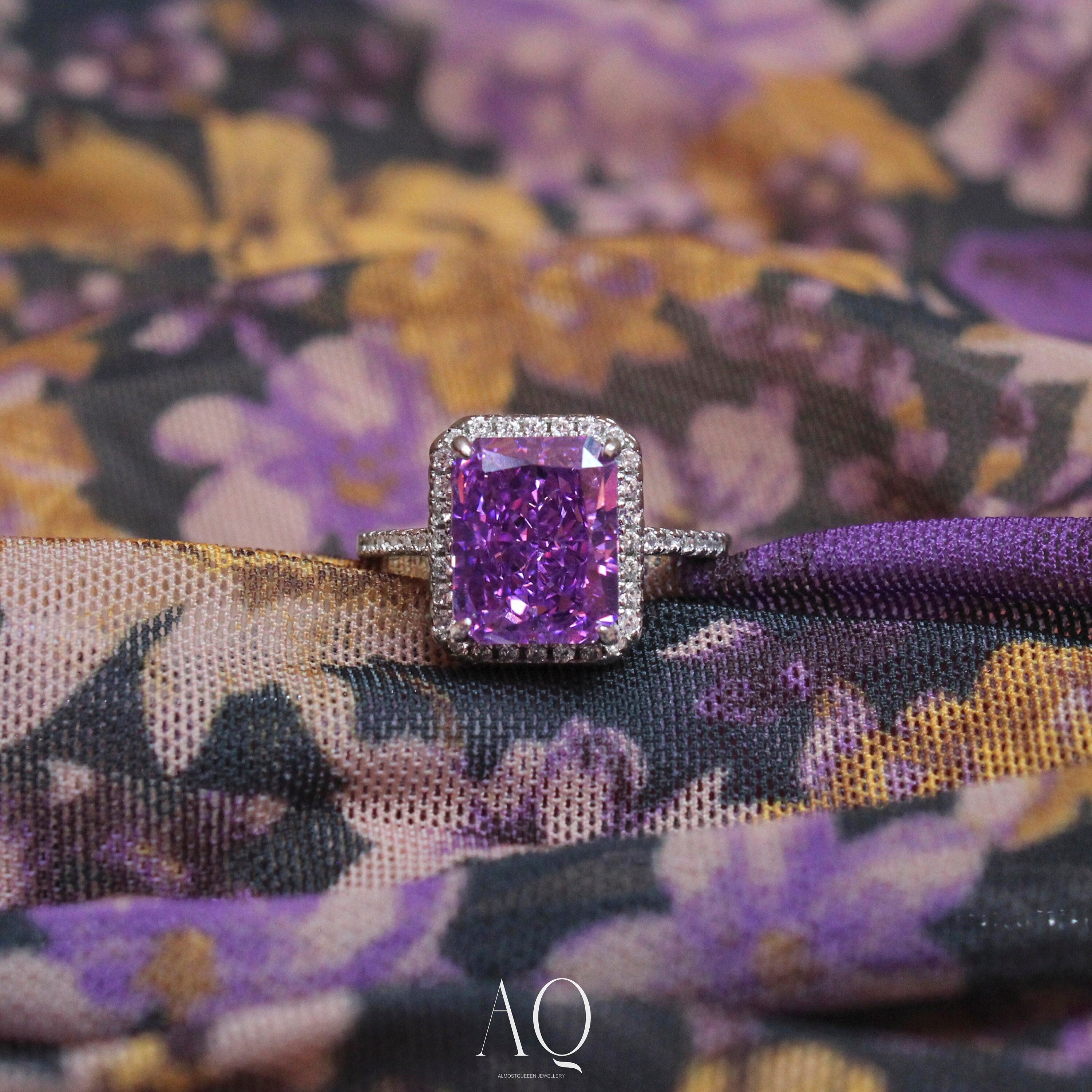 Gorgeous Purple Ring. High Carbon Diamonds + Rhodium-plated Sterling Silver 925