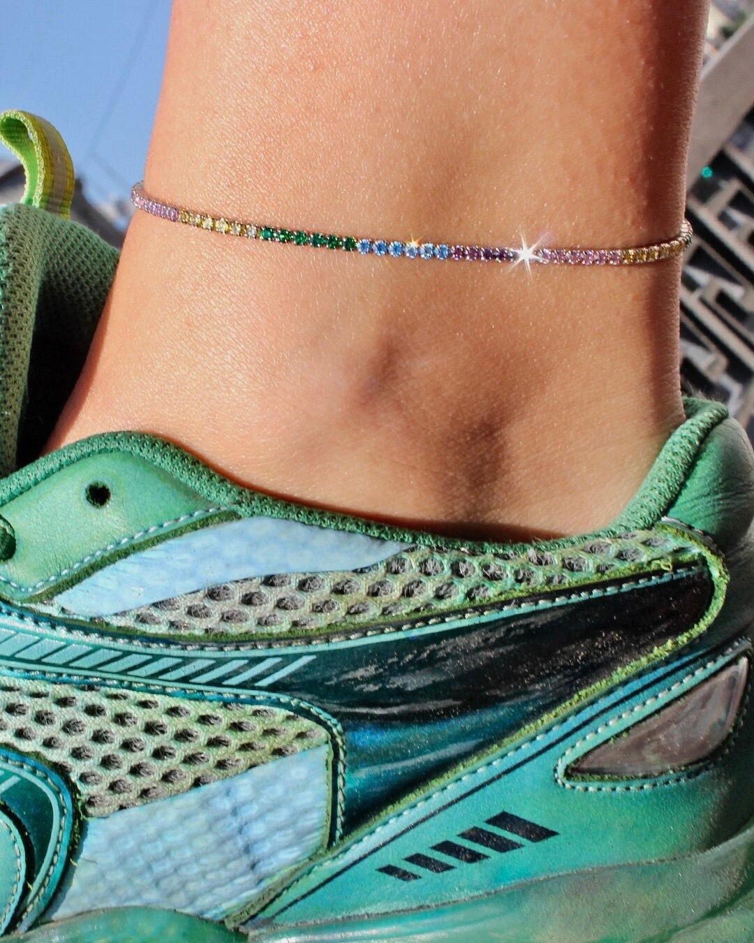 Charming tennis anklet. Sterling silver 925 anklet with colorful high carbon diamonds.