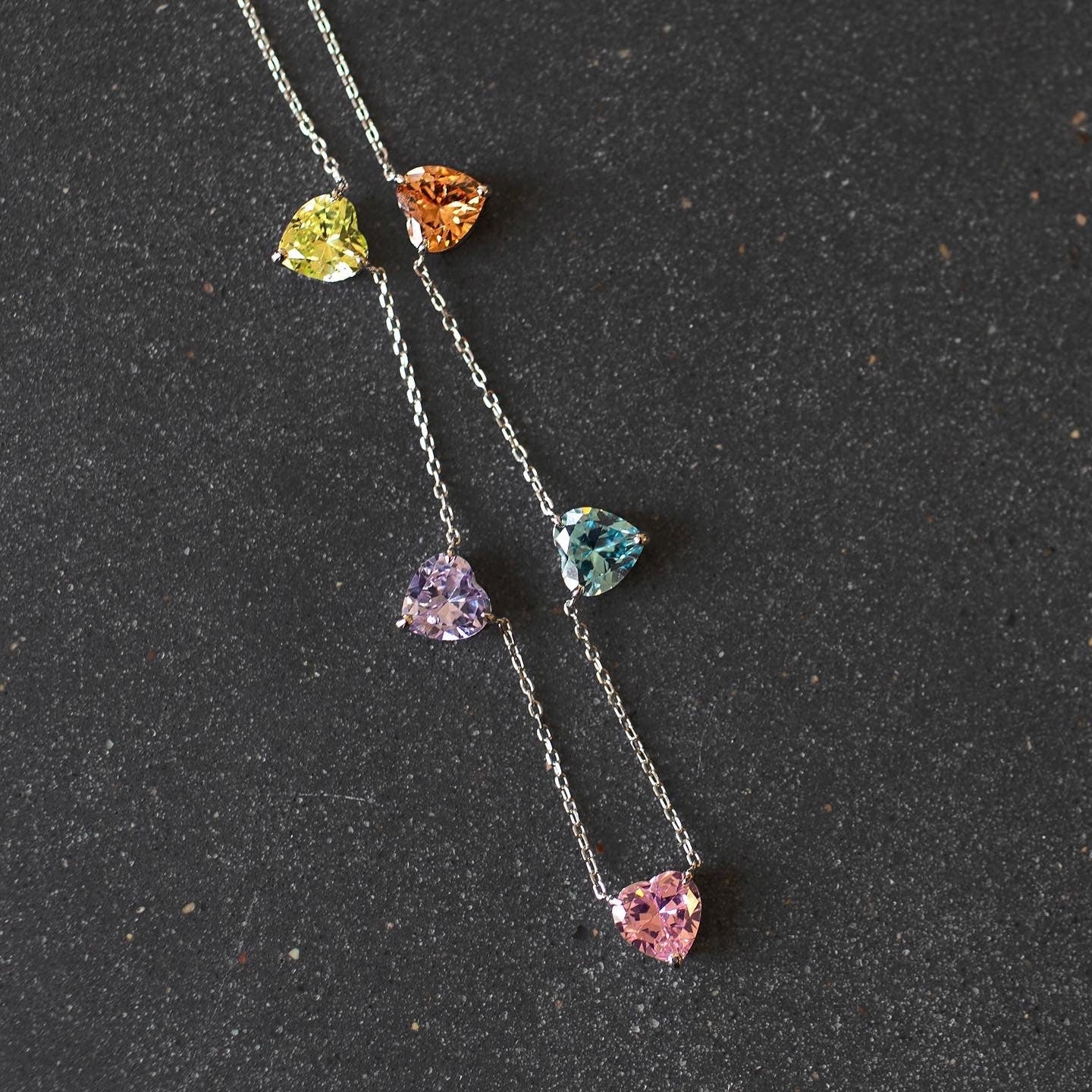 Rainbow Hearts Necklace. Rhodium-plated Sterling Silver 925 + High Carbon Diamonds.