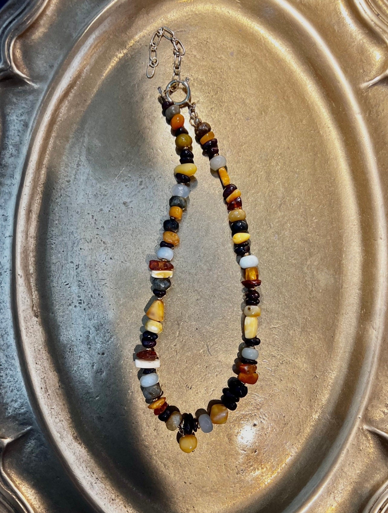 Vintage Amber Double Bracelet: Raw Garnet & Jade.