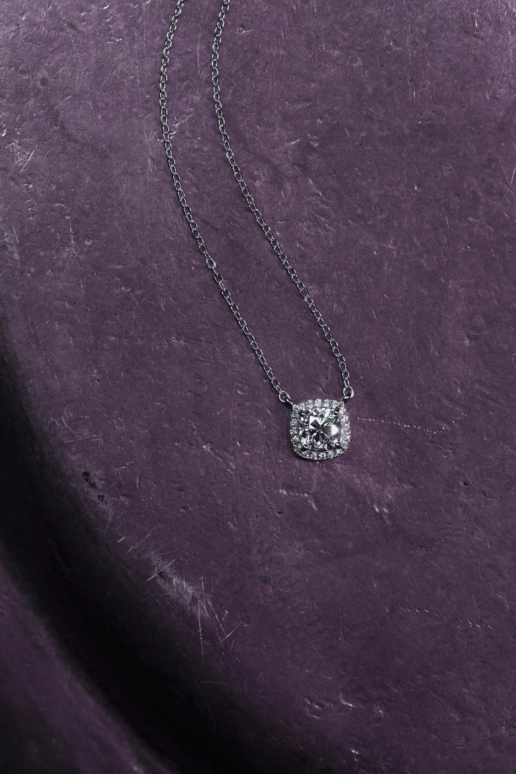 Moissanite Cushion Pendant: Rhodium Plated Sterling Silver 925 Necklace