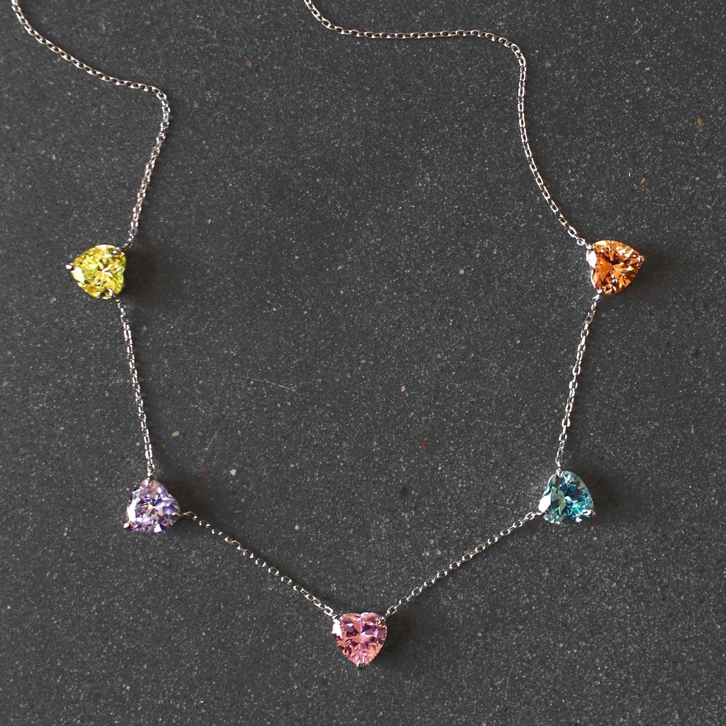 Rainbow Hearts Necklace. Rhodium-plated Sterling Silver 925 + High Carbon Diamonds.