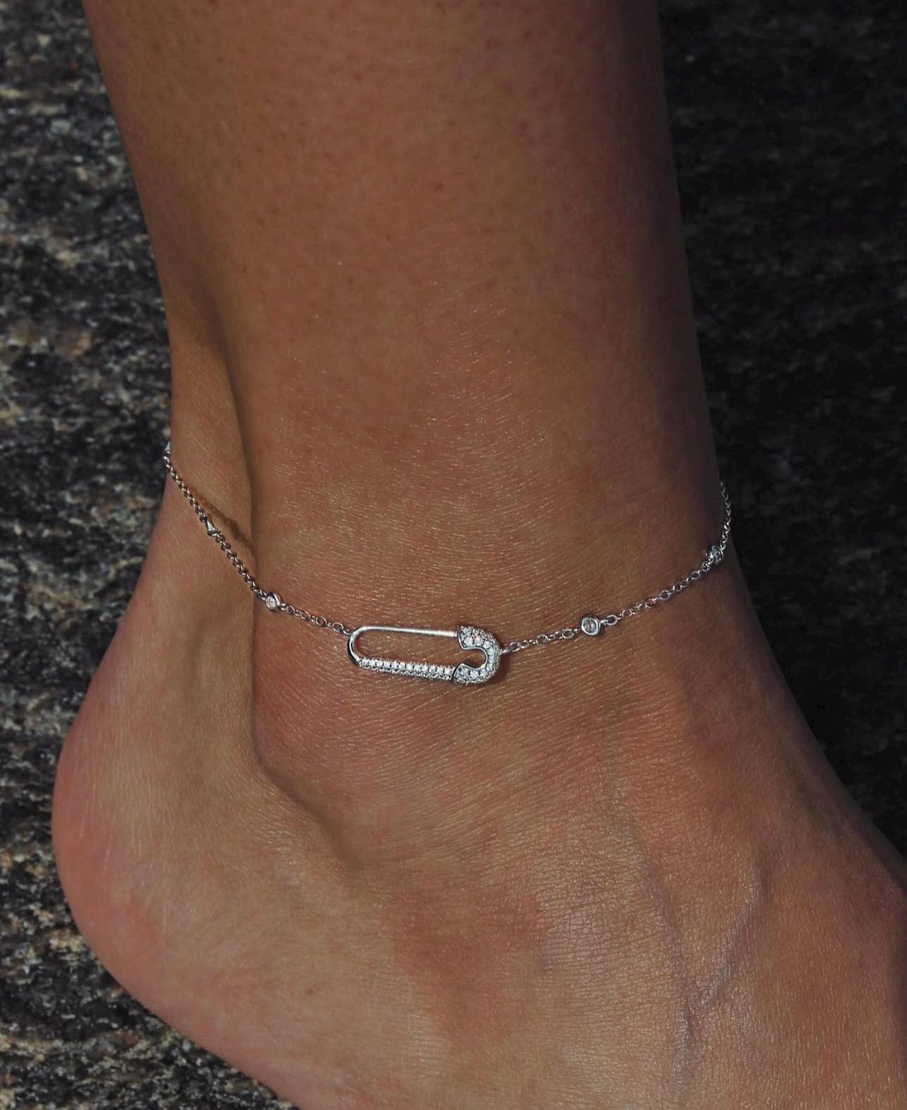 Sterling Silver Safety Pin Anklet: High Carbon Diamond Accent.