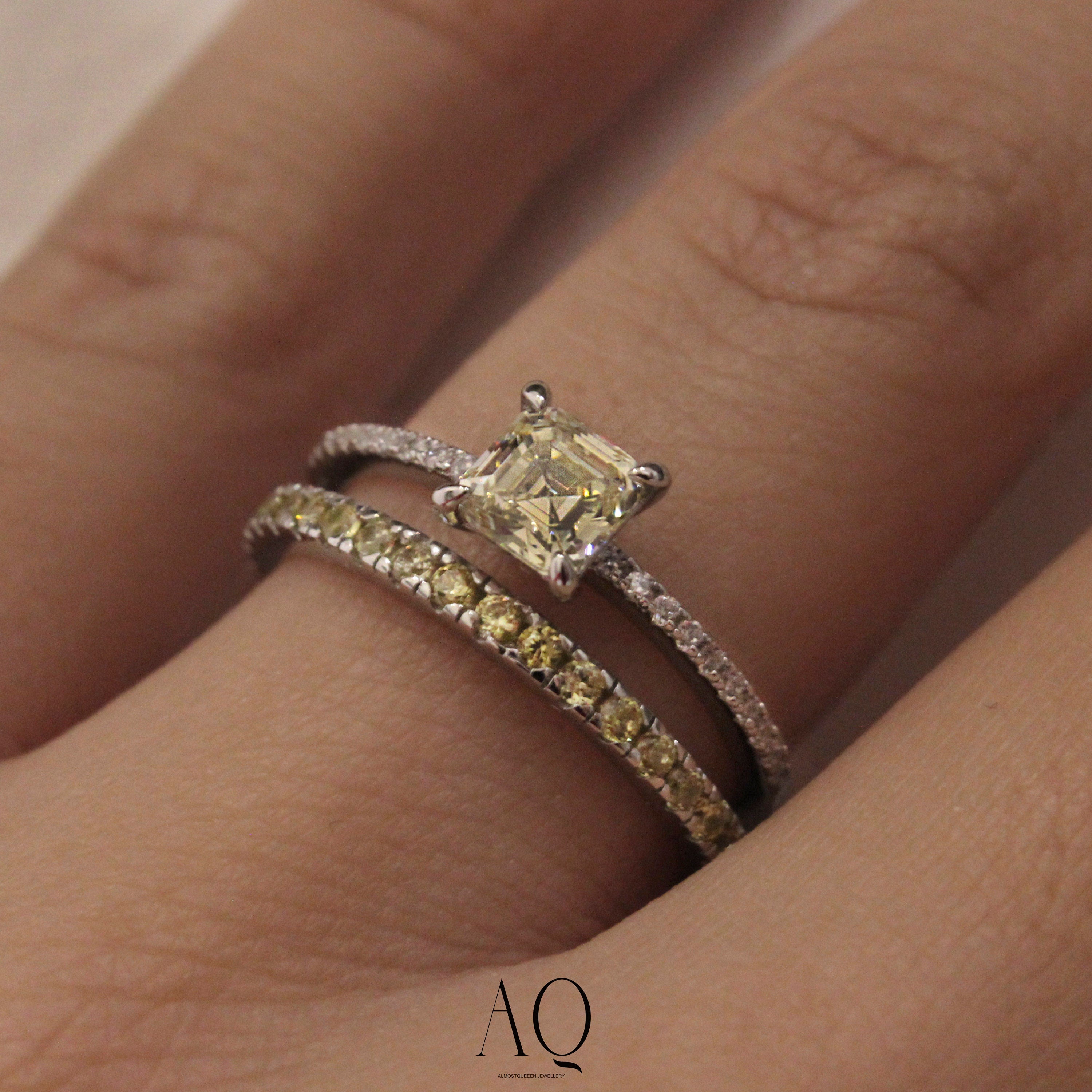 Champagne-Yellow Square Ring. High Carbon Diamonds + Rhodium-plated Sterling Silver 925