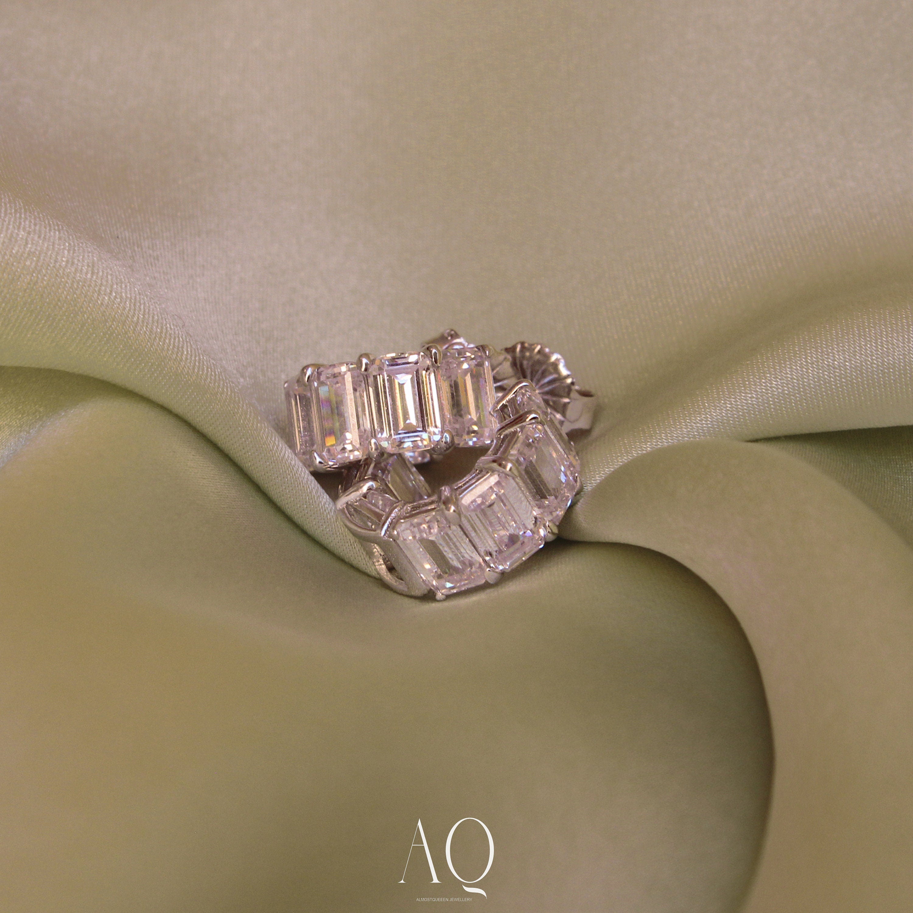 Magnificent Emerald Cut Mini Hoop Stud Earrings. Rhodium-plated Sterling Silver 925 + High Carbon Diamonds.