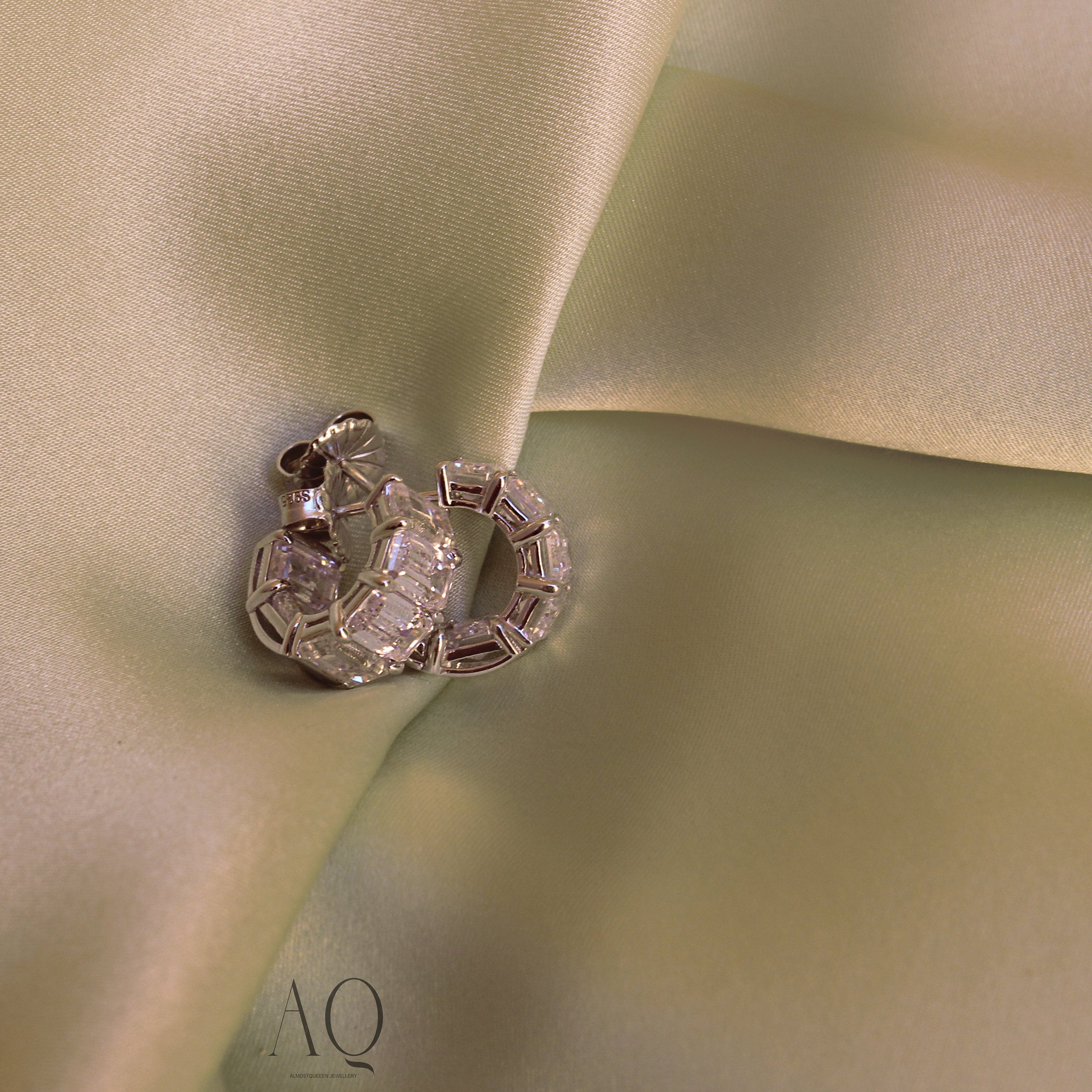 Magnificent Emerald Cut Mini Hoop Stud Earrings. Rhodium-plated Sterling Silver 925 + High Carbon Diamonds.