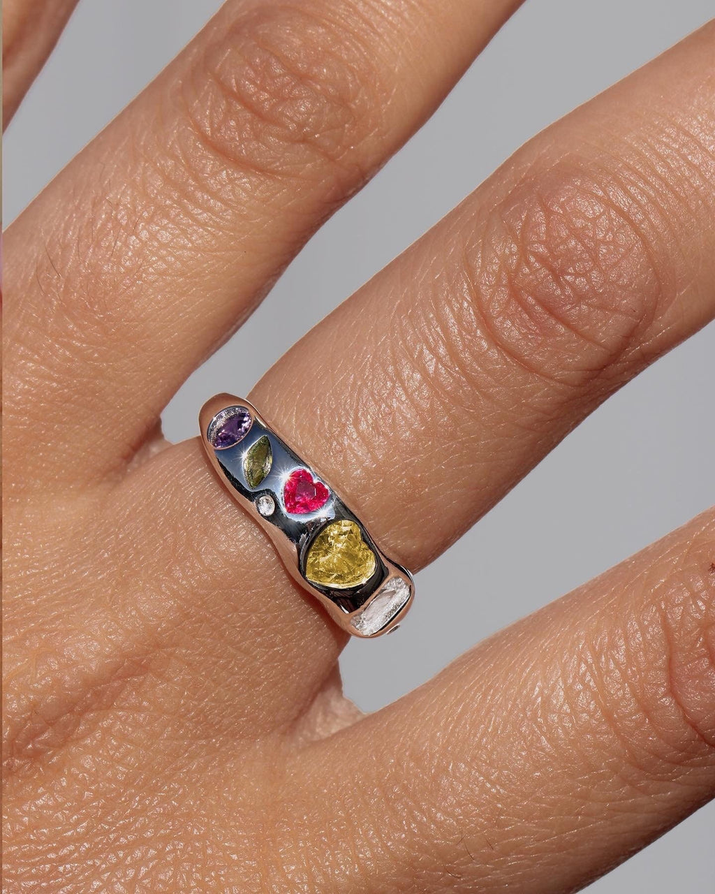 Resizable Sterling Silver Ring with Colorful High Carbon Diamonds