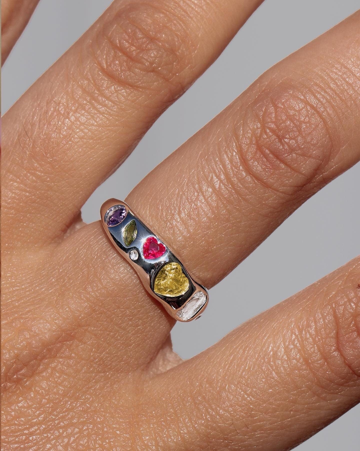 Resizable Sterling Silver Ring with Colorful High Carbon Diamonds