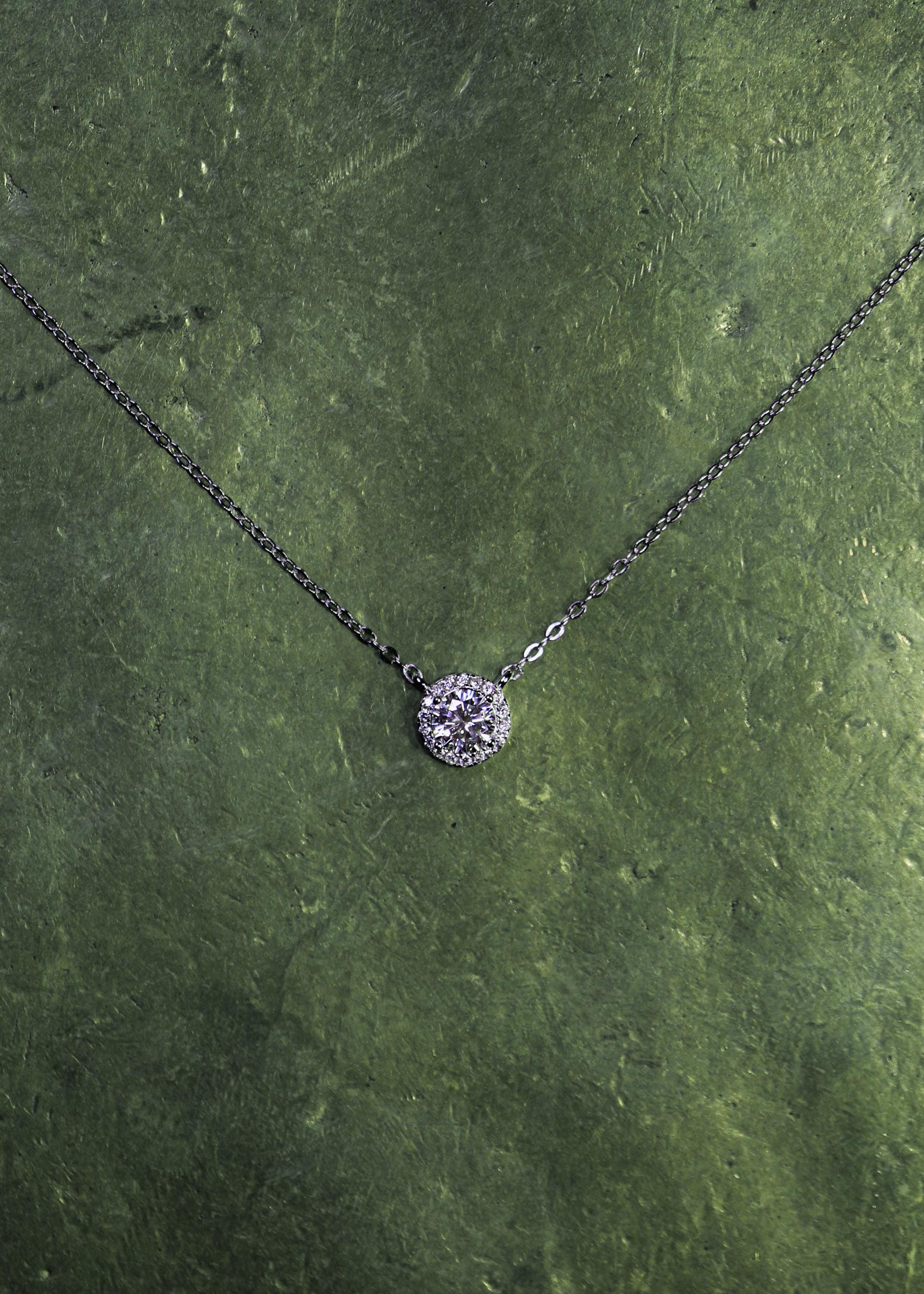 Moissanite Round Pendant: Rhodium Plated Sterling Silver 925 Necklace